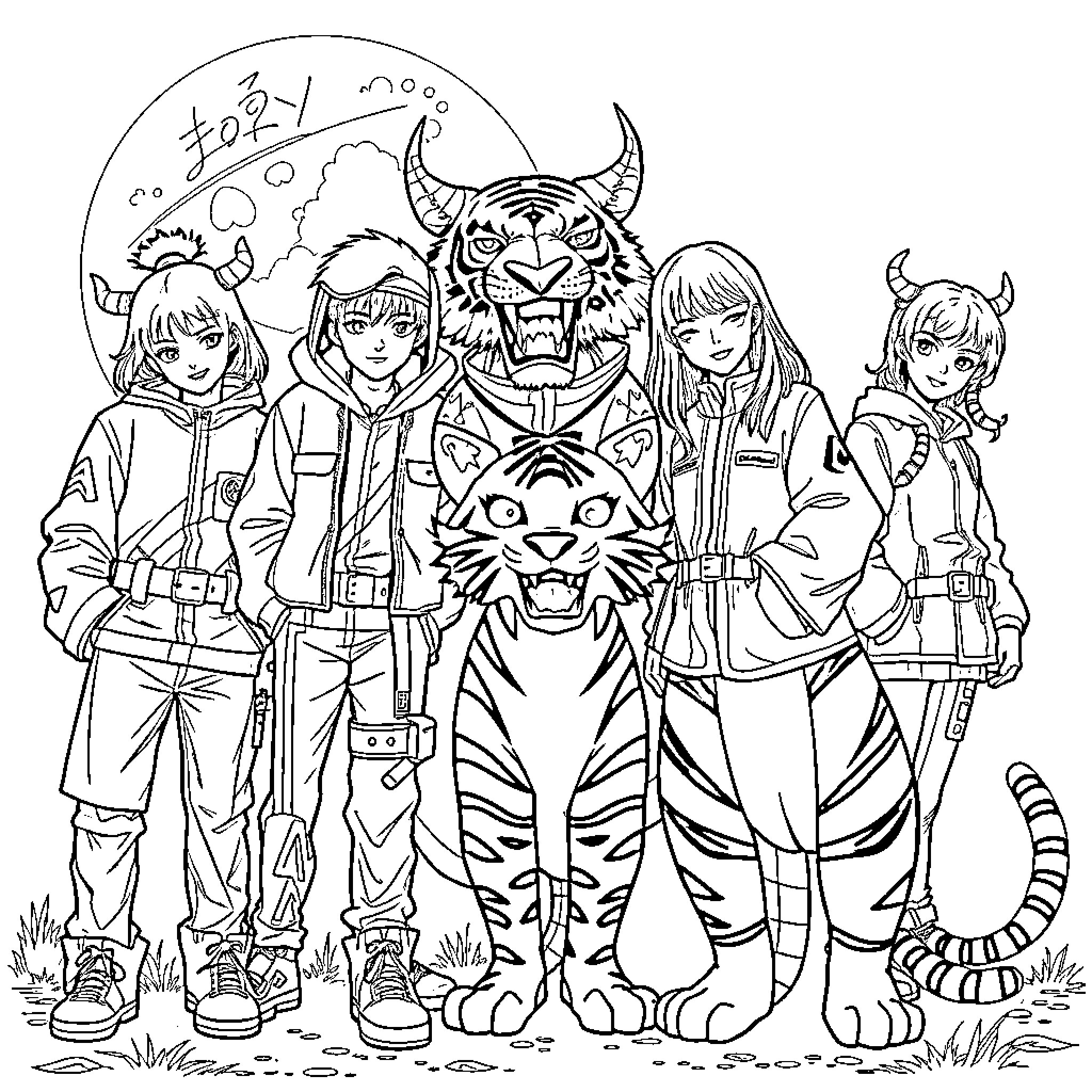 Tiger-themed group of young adventurers in the wild Coloring Page (free black-and-white line drawing printable PDF for all, from beginners to advanced learners, including children, teens, adults, and seniors)
