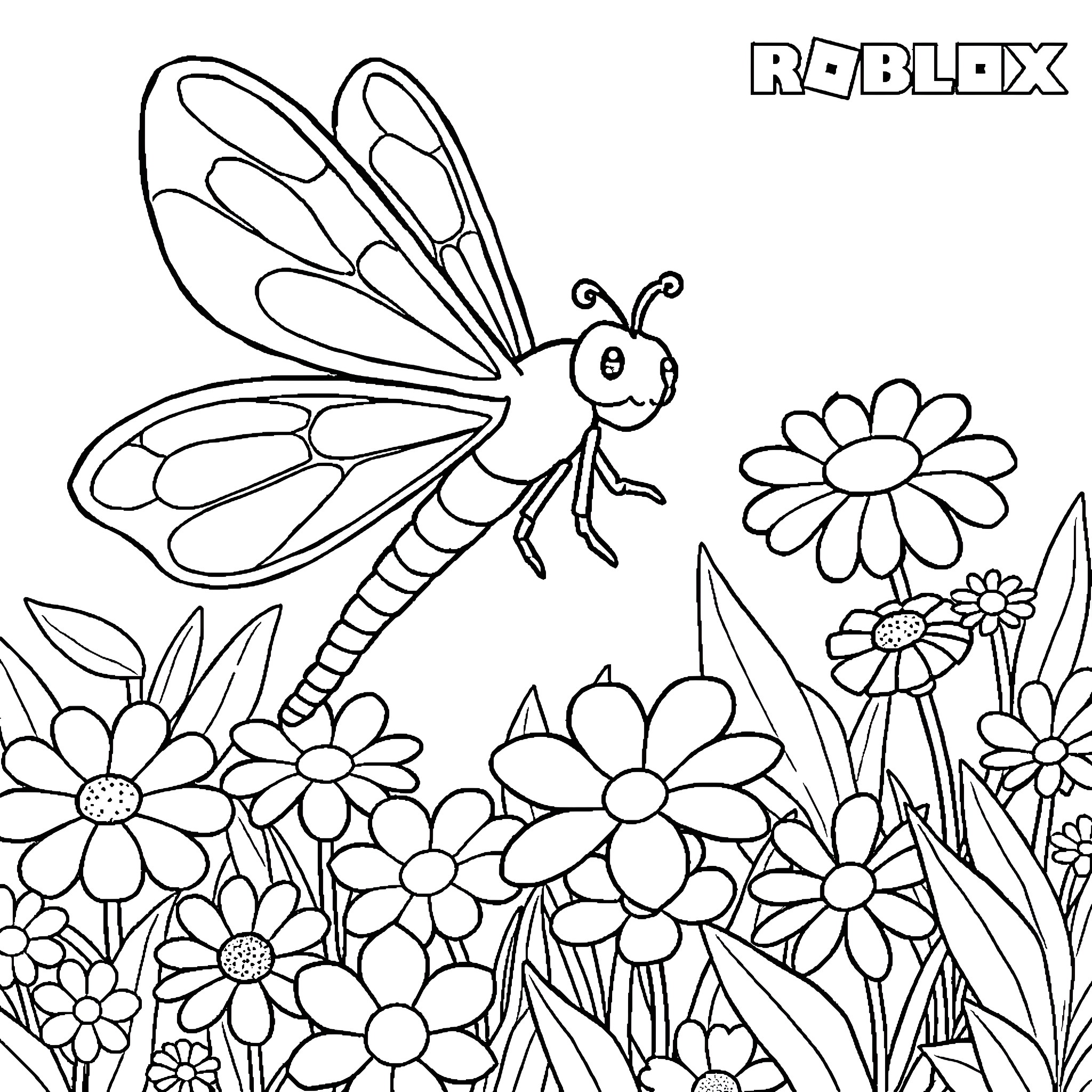 Dragonfly exploring a vibrant floral garden Coloring Page (free black-and-white line drawing printable PDF for all, from beginners to advanced learners, including children, teens, adults, and seniors)
