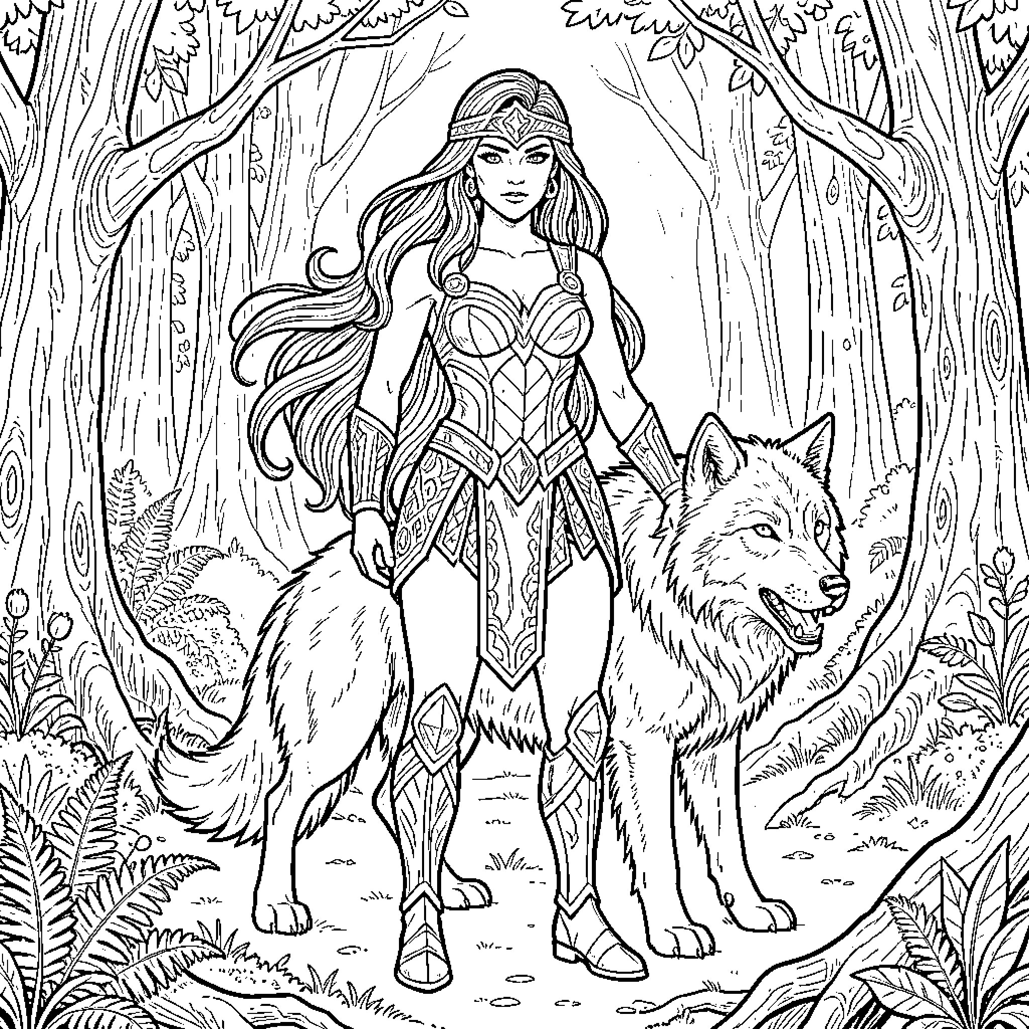 Wonder Woman in a Magical Forest with Wolf Companion Coloring Page (free black-and-white line drawing printable PDF for all, from beginners to advanced learners, including children, teens, adults, and seniors)