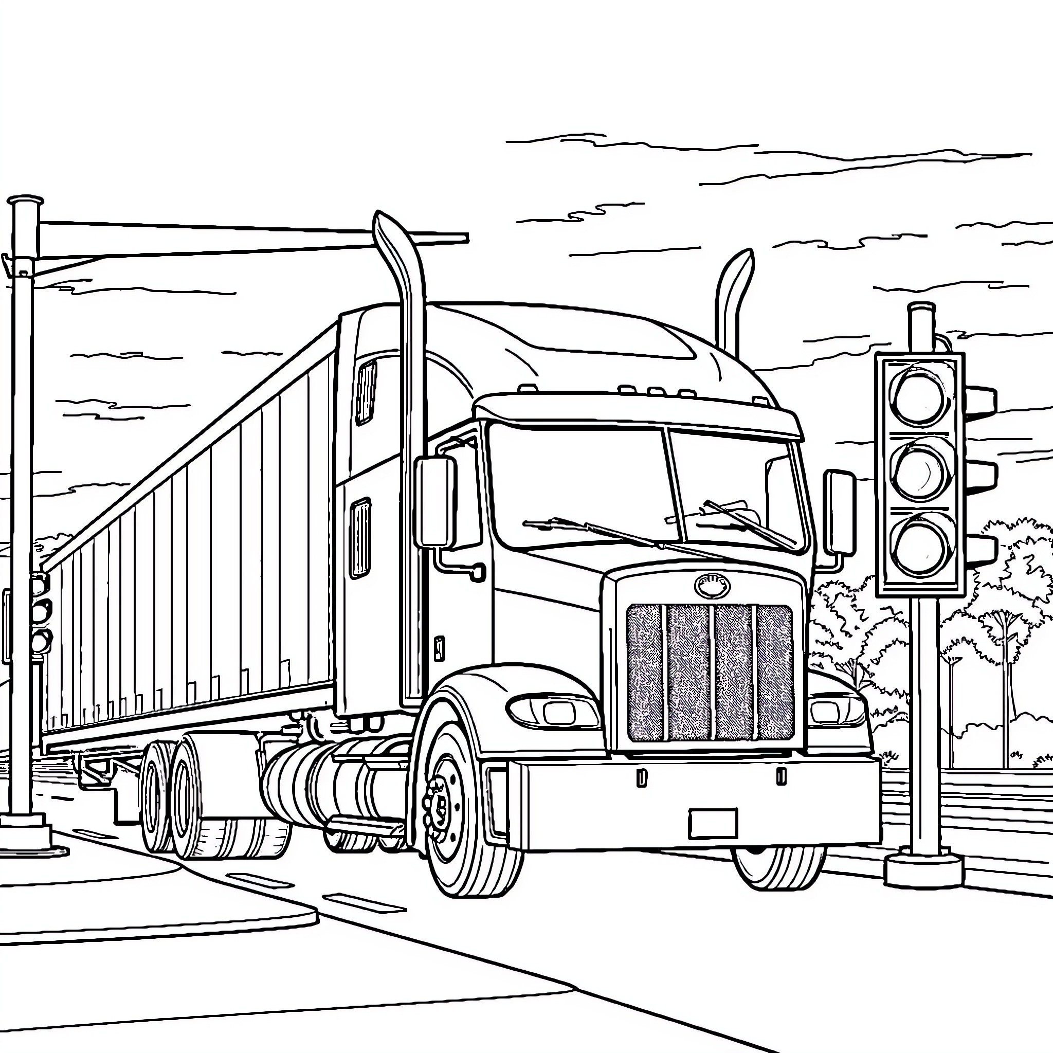 Truck carrying goods on the road Coloring Page (free black-and-white line drawing printable PDF for all, from beginners to advanced learners, including children, teens, adults, and seniors)