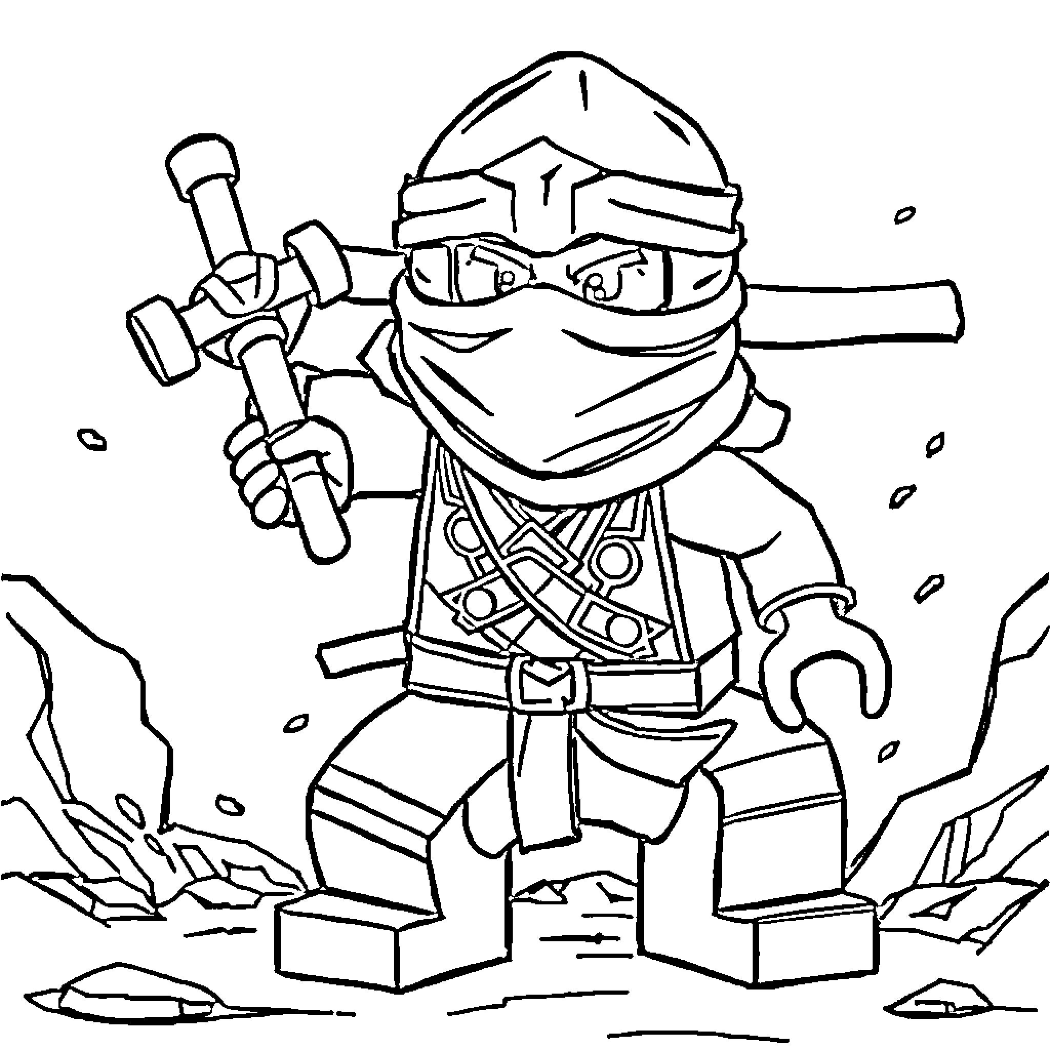 Ninjago warrior in action pose with weapon Coloring Page (free black-and-white line drawing printable PDF for all, from beginners to advanced learners, including children, teens, adults, and seniors)