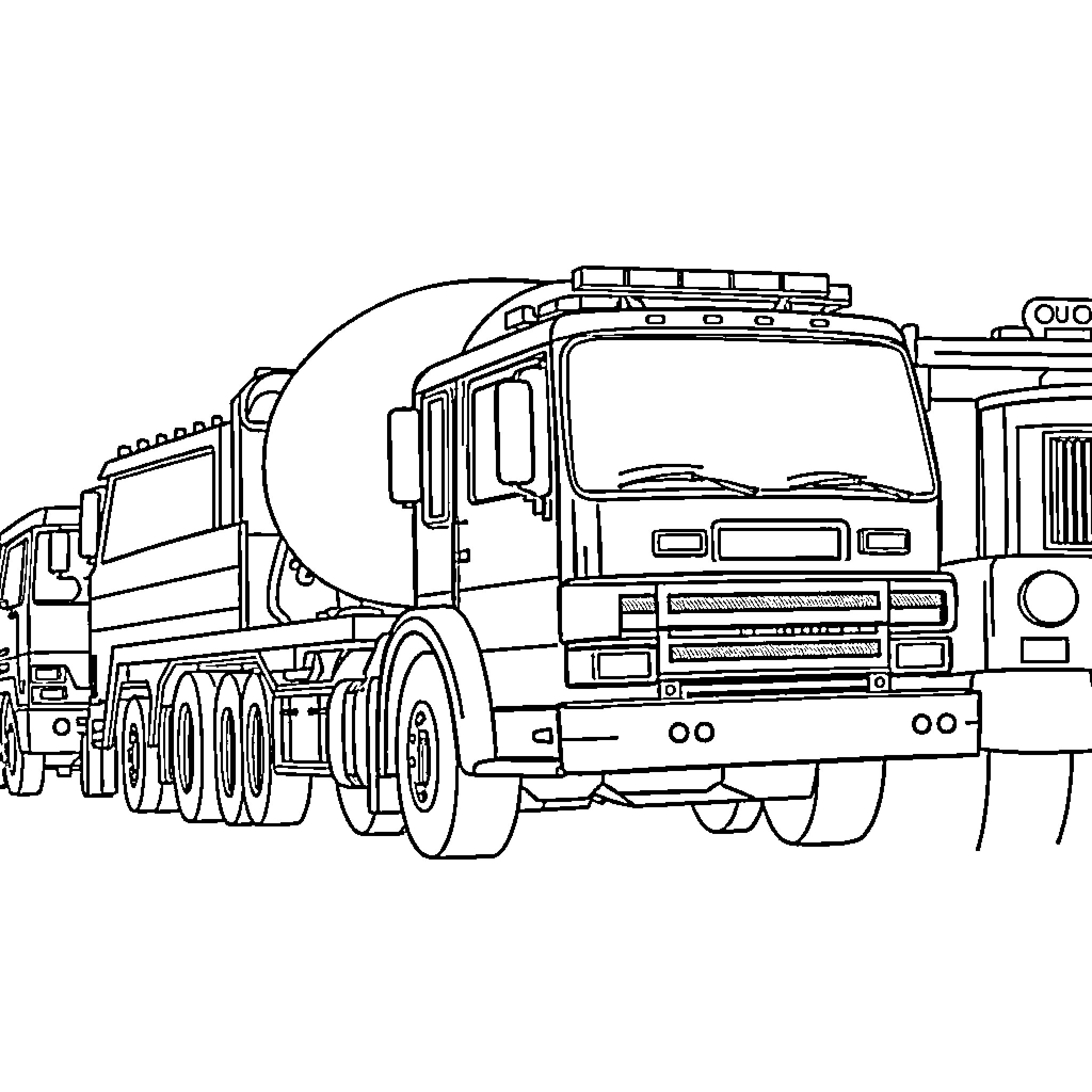 Truck hauling heavy equipment on the road Coloring Page (free black-and-white line drawing printable PDF for all, from beginners to advanced learners, including children, teens, adults, and seniors)