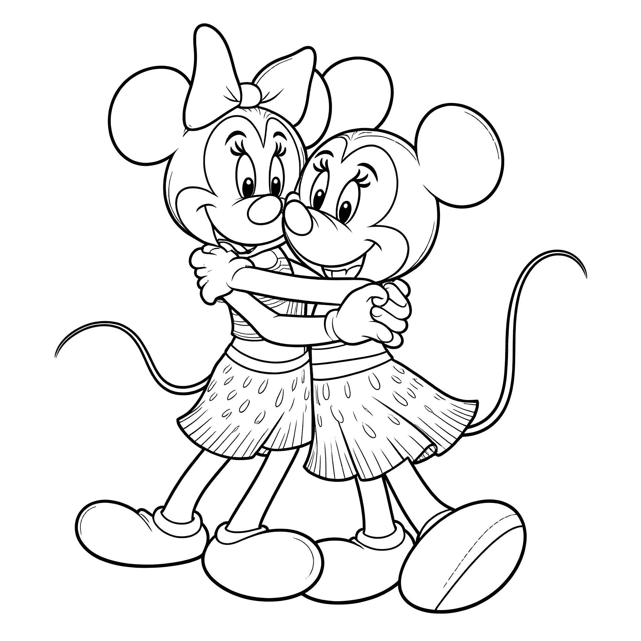 Moana and Mickey Mouse embracing happily Coloring Page (free black-and-white line drawing printable PDF for all, from beginners to advanced learners, including children, teens, adults, and seniors)