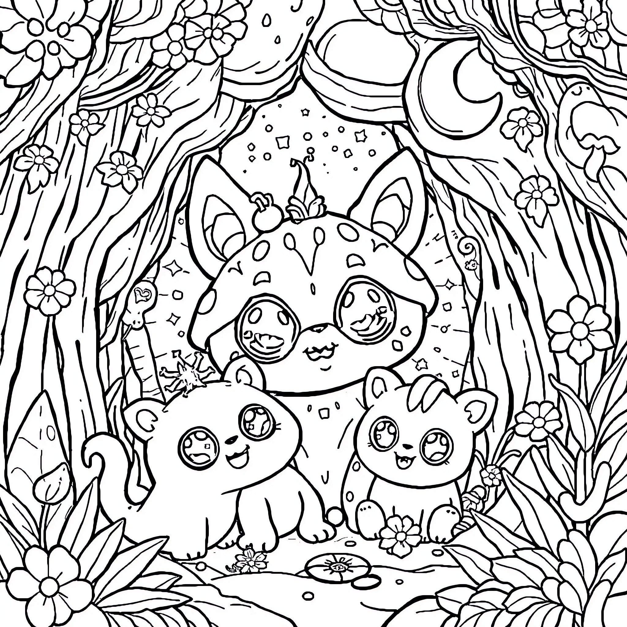 Invizimal Creatures Frolicking in Whimsical Forest Coloring Page (free black-and-white line drawing printable PDF for all, from beginners to advanced learners, including children, teens, adults, and seniors)