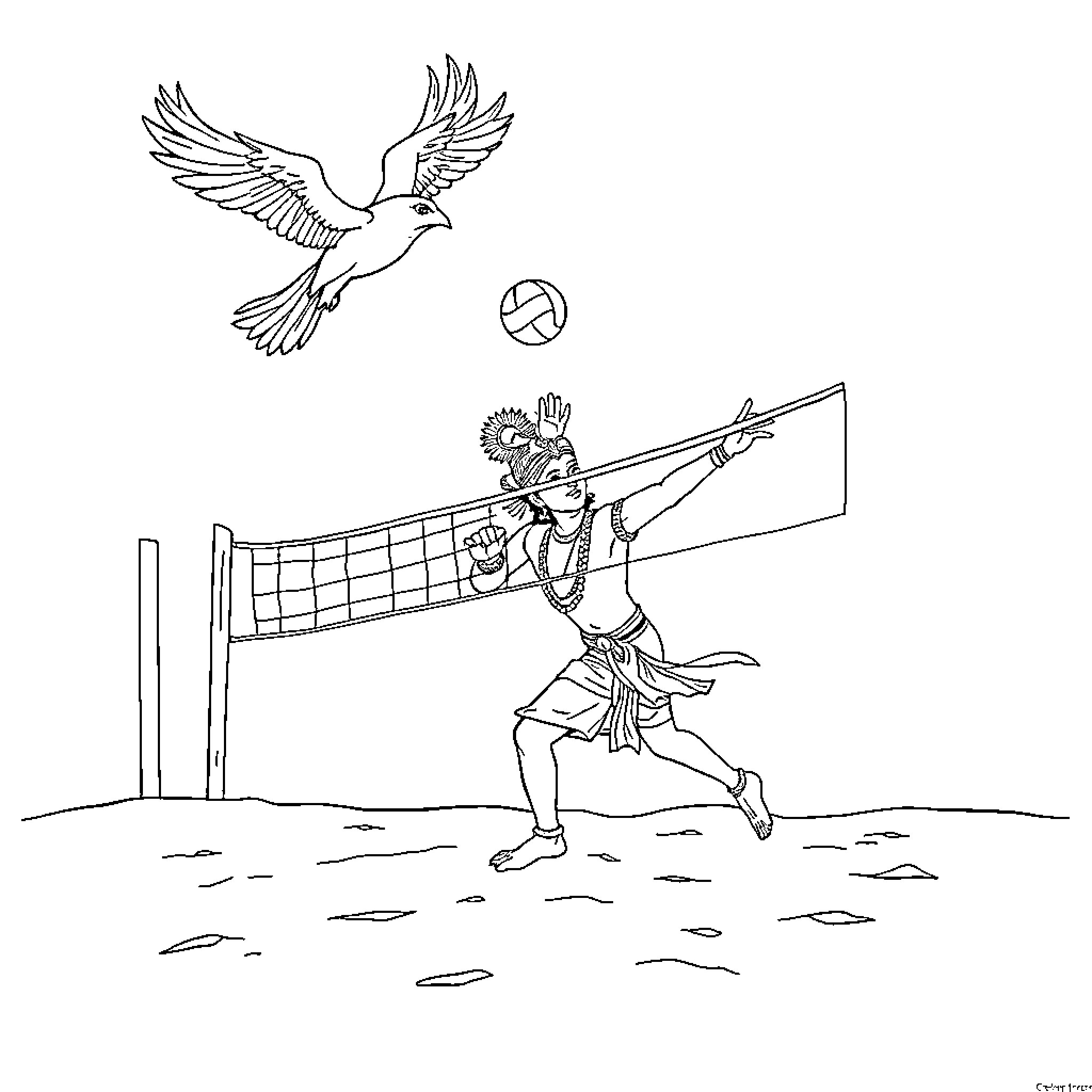 Garudan playing volleyball with a player Coloring Page (free black-and-white line drawing printable PDF for all, from beginners to advanced learners, including children, teens, adults, and seniors)