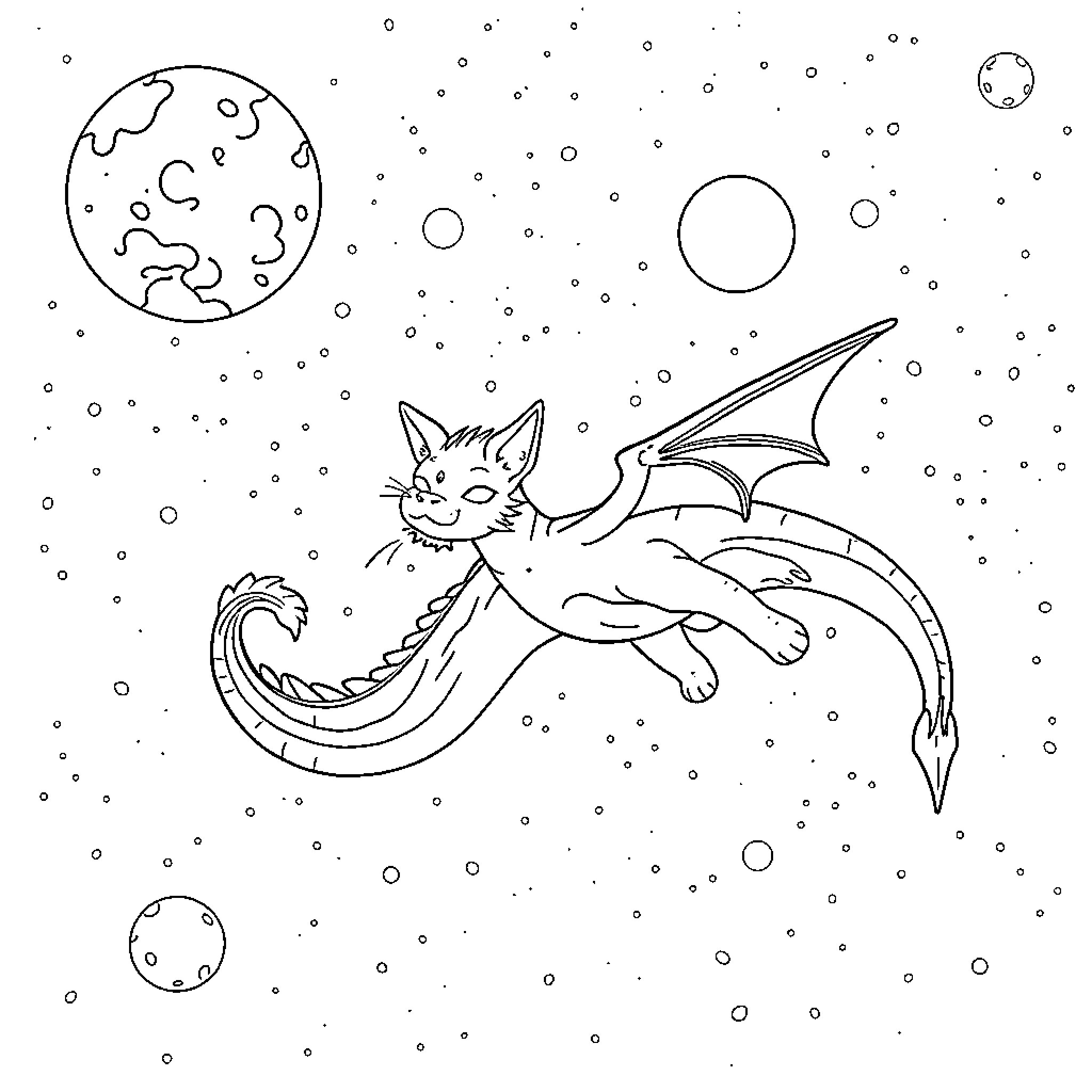 Dragon Cat exploring the cosmic wonders Coloring Page (free black-and-white line drawing printable PDF for all, from beginners to advanced learners, including children, teens, adults, and seniors)