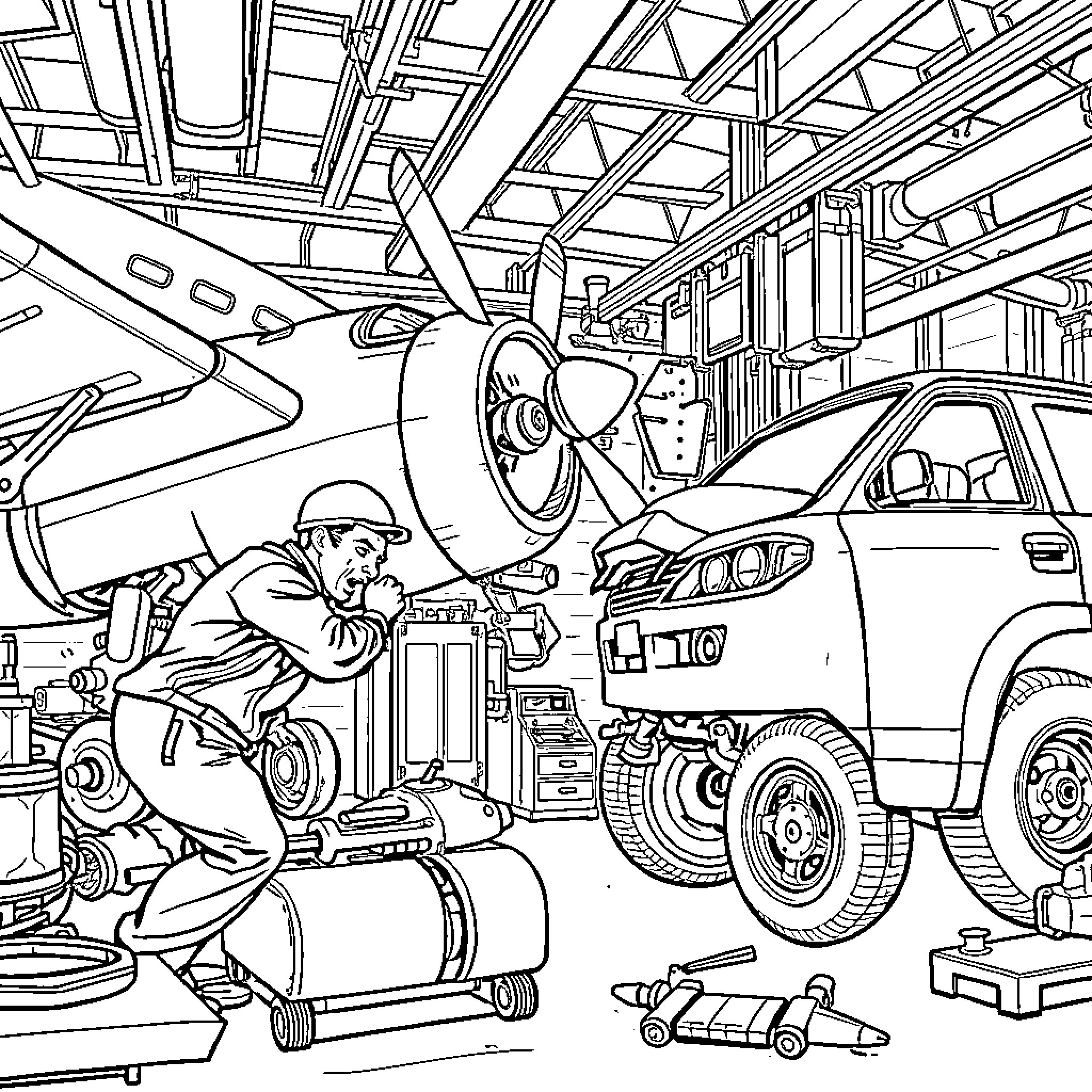 Mechanic Repairing Vehicle in Auto Workshop Coloring Page (free black-and-white line drawing printable PDF for all, from beginners to advanced learners, including children, teens, adults, and seniors)