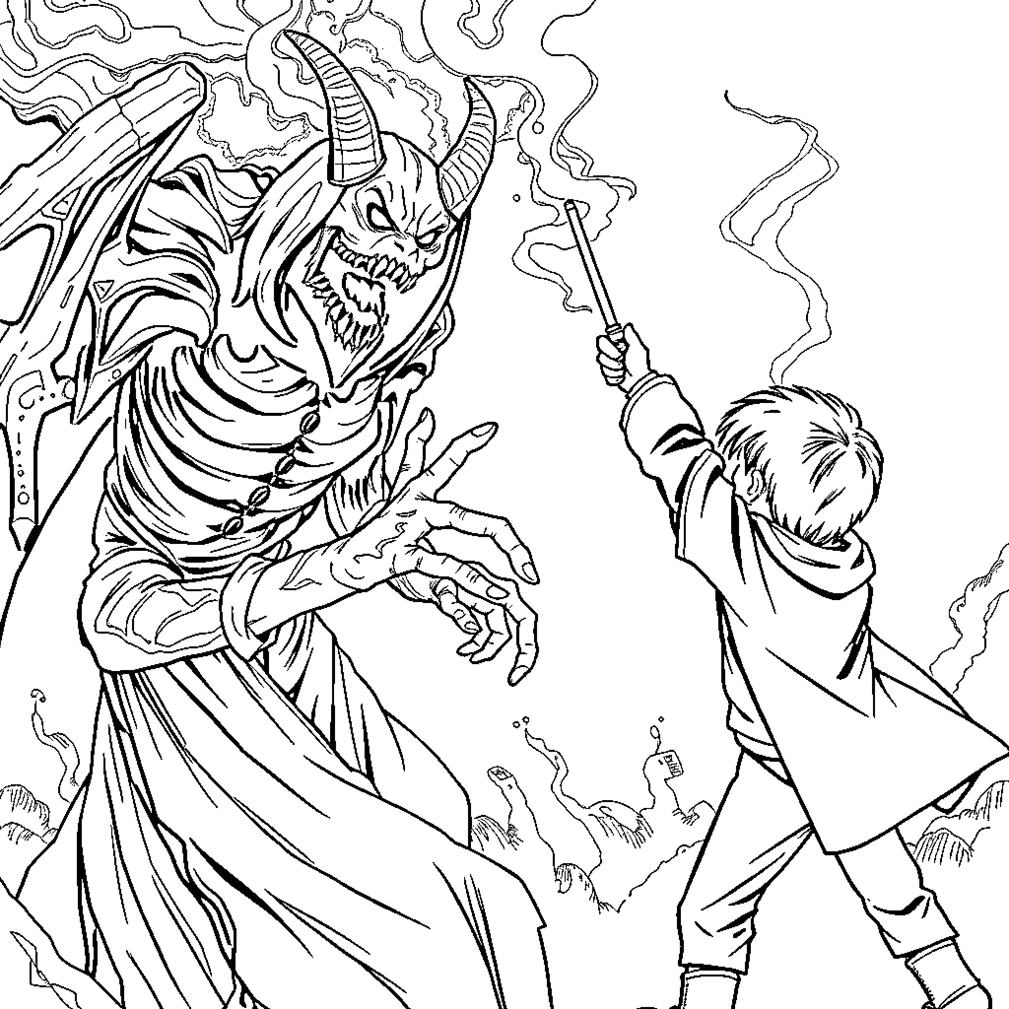 Genestealer demon confronting a human with a weapon Coloring Page (free black-and-white line drawing printable PDF for all, from beginners to advanced learners, including children, teens, adults, and seniors)