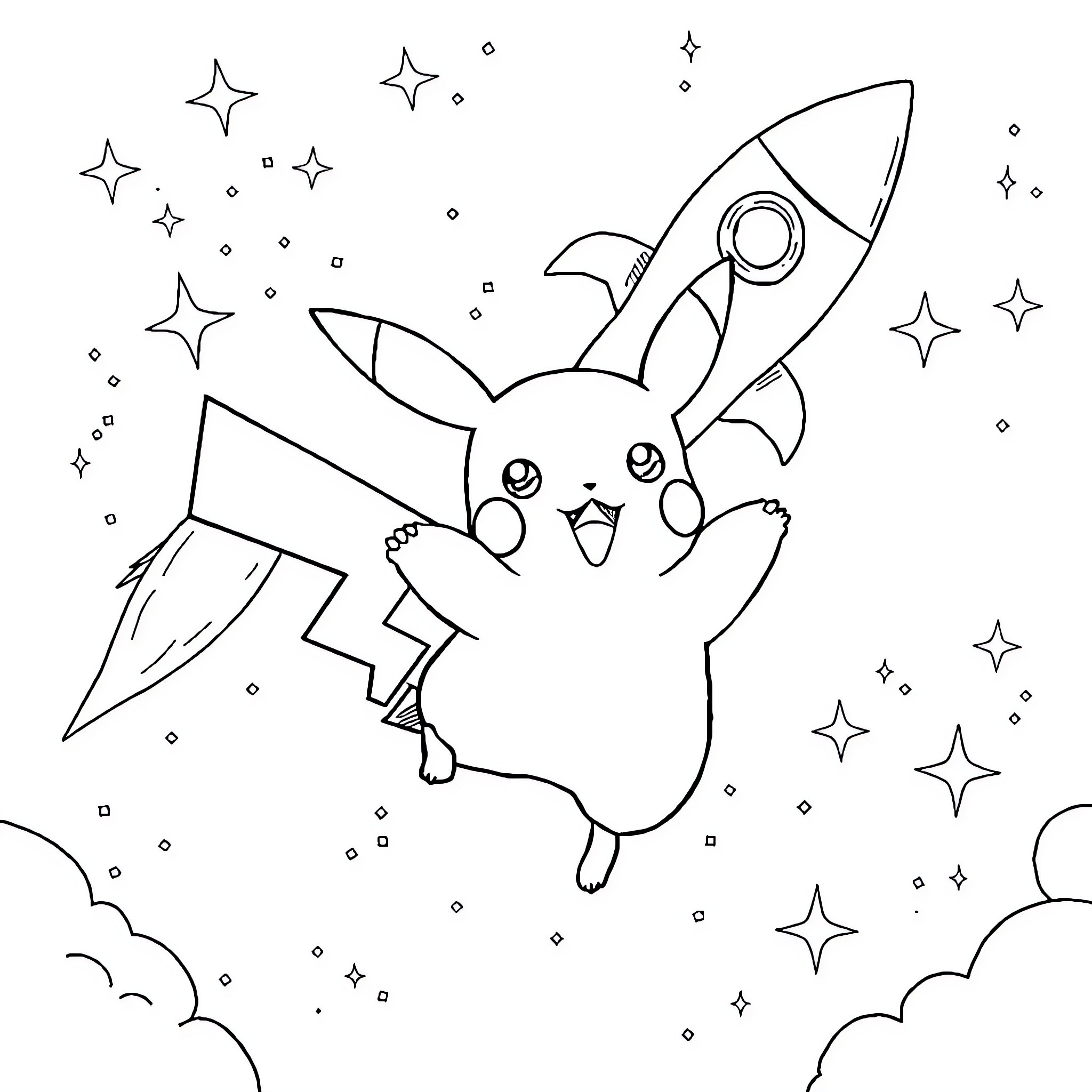 Pikachu launching into space with rocket Coloring Page (free black-and-white line drawing printable PDF for all, from beginners to advanced learners, including children, teens, adults, and seniors)