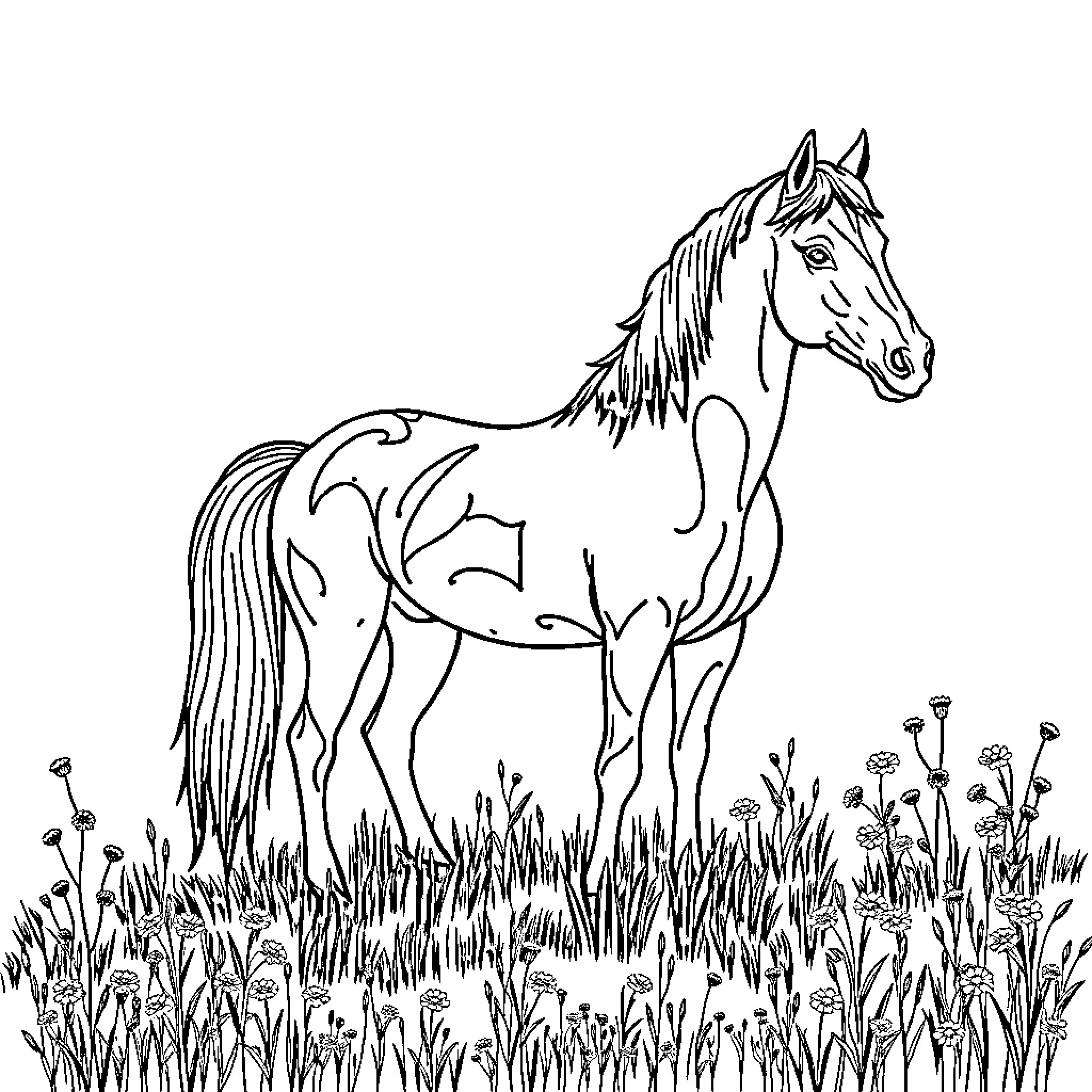 Horse standing in a field of flowers Coloring Page (free black-and-white line drawing printable PDF for all, from beginners to advanced learners, including children, teens, adults, and seniors)