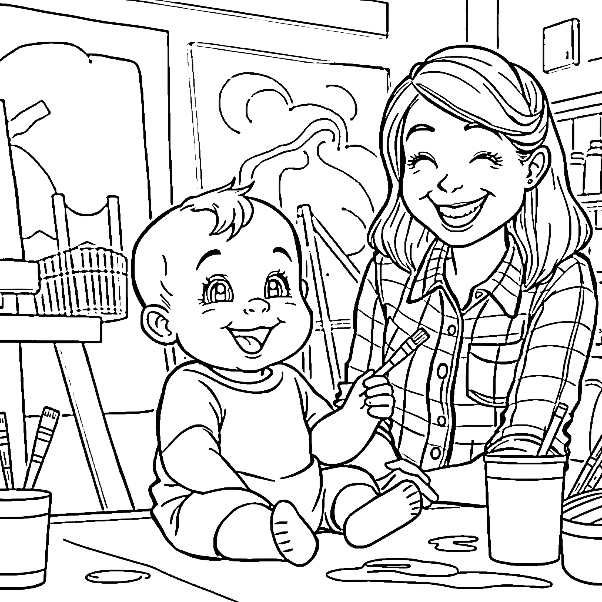 Baby and Mom Enjoying Art Together Coloring Page (free black-and-white line drawing printable PDF for all, from beginners to advanced learners, including children, teens, adults, and seniors)