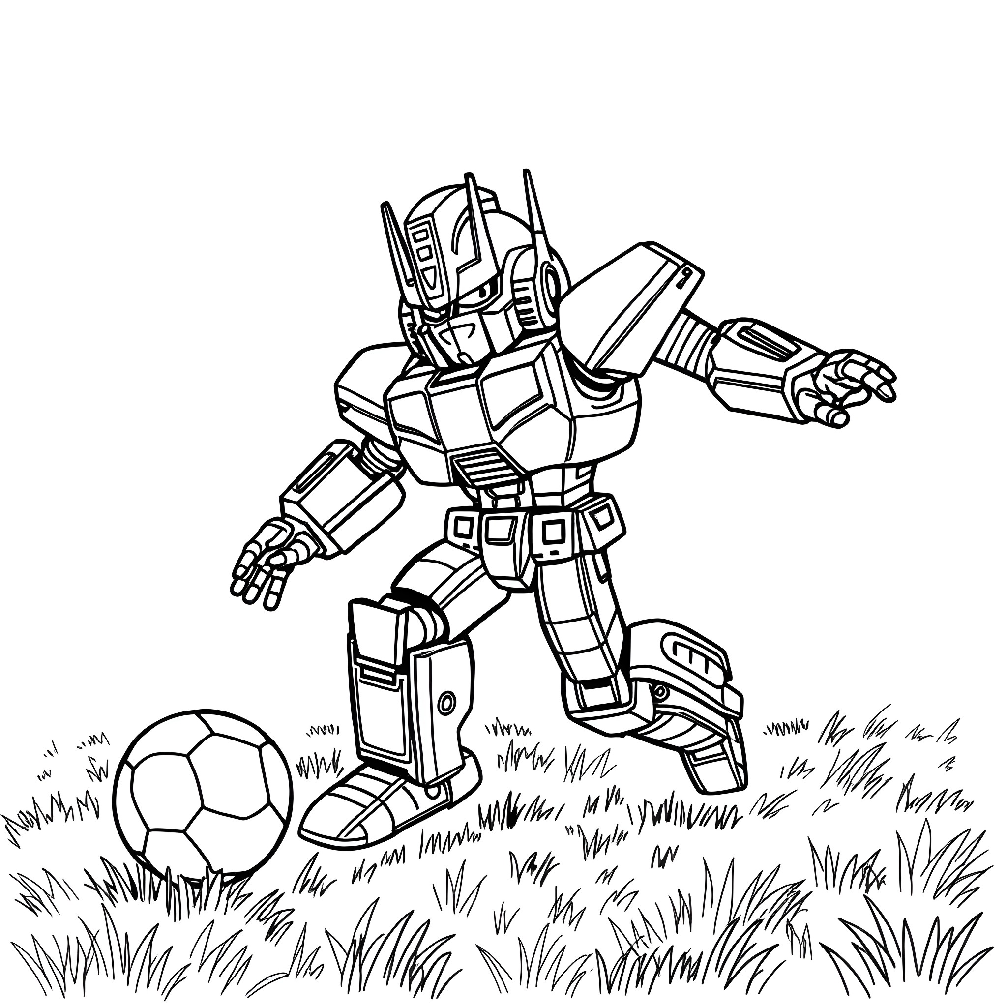 Optimus Prime playing with a soccer ball in a field Coloring Page (free black-and-white line drawing printable PDF for all, from beginners to advanced learners, including children, teens, adults, and seniors)