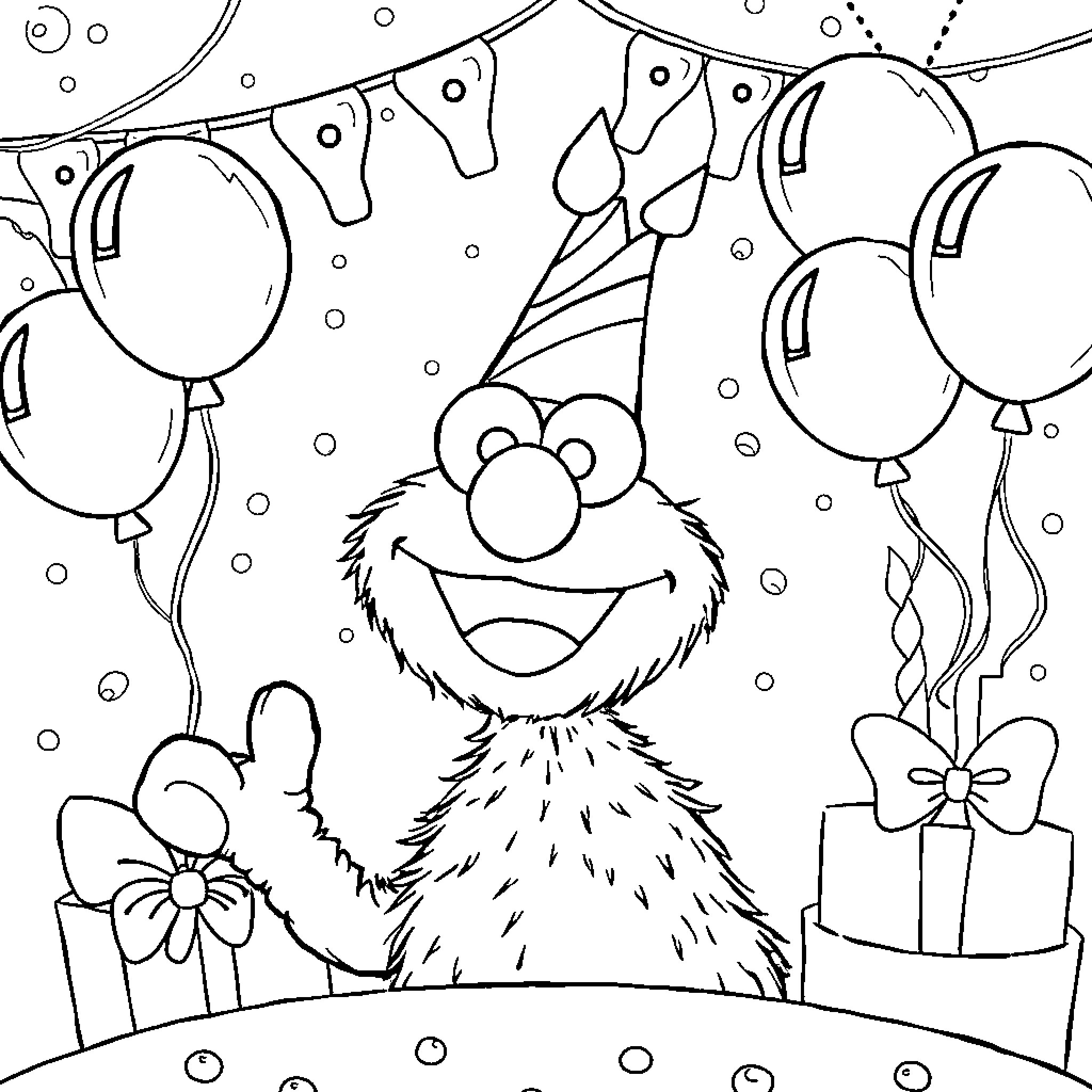 Elmo Celebrates with Balloons and Gifts Coloring Page (free black-and-white line drawing printable PDF for all, from beginners to advanced learners, including children, teens, adults, and seniors)