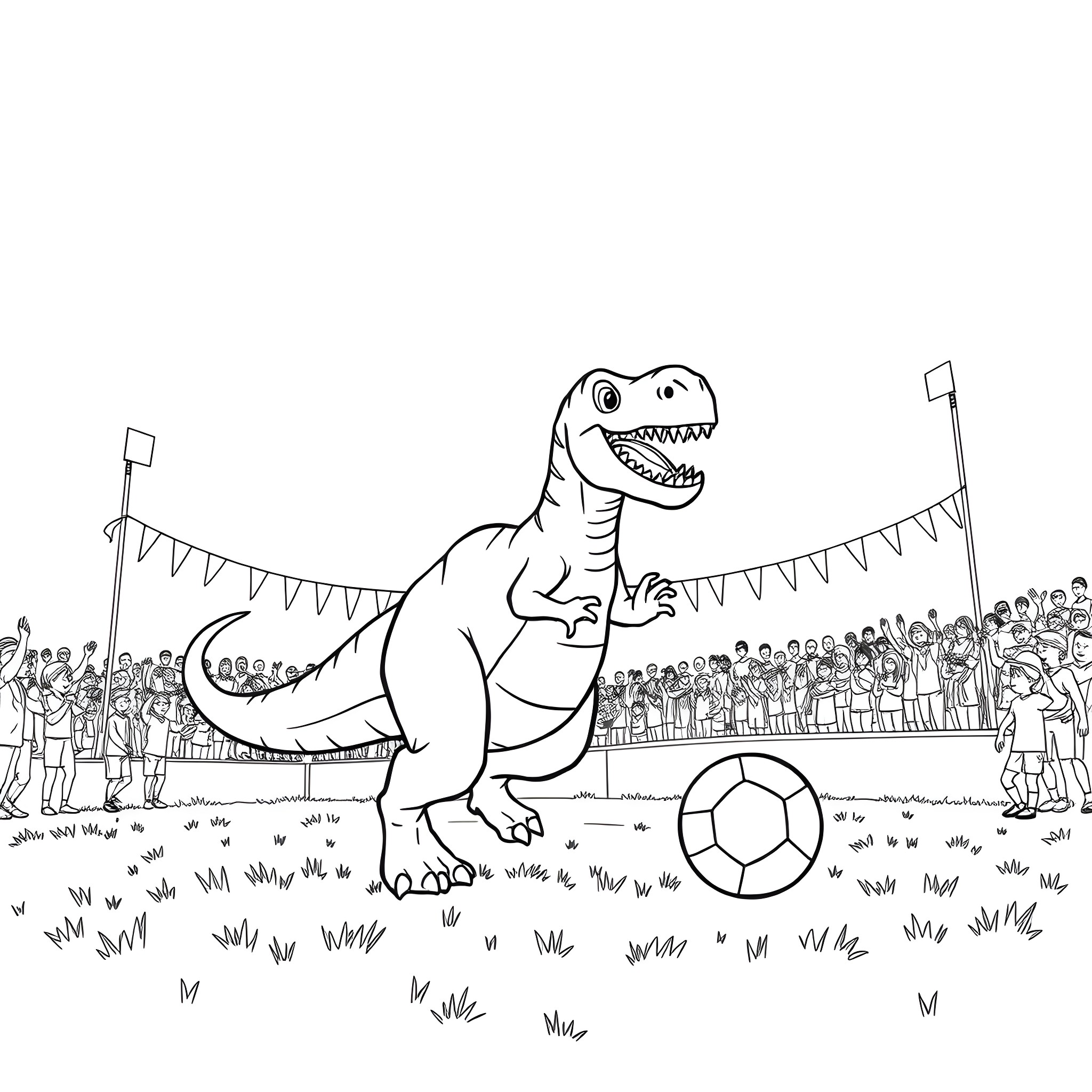 Dinosaur playing soccer with crowd in stadium Coloring Page (free black-and-white line drawing printable PDF for all, from beginners to advanced learners, including children, teens, adults, and seniors)