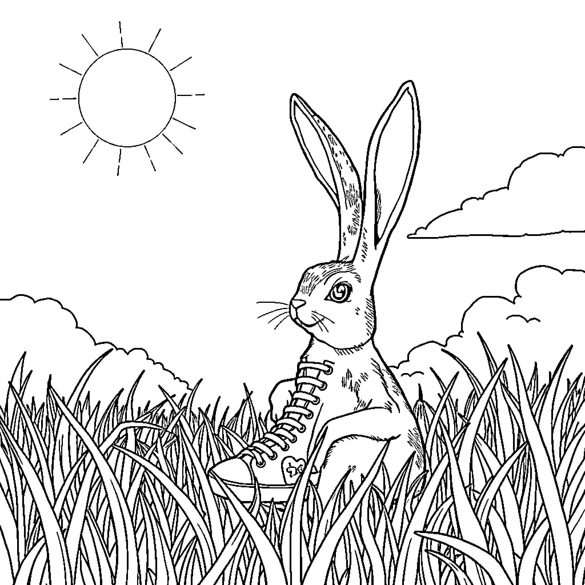 Conejo enjoying a sunny day in the meadow Coloring Page (free black-and-white line drawing printable PDF for all, from beginners to advanced learners, including children, teens, adults, and seniors)