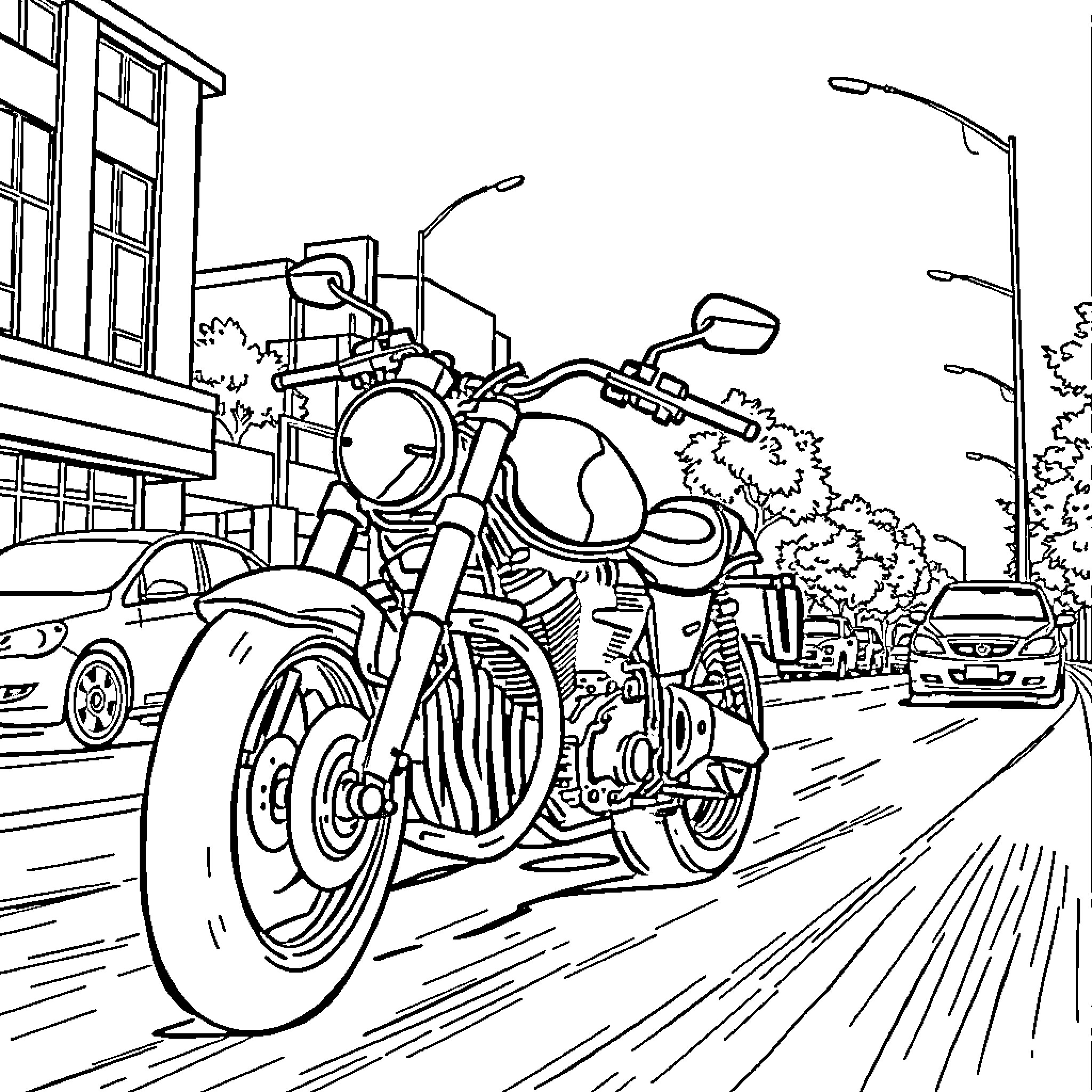 Motorcycle speeding through city traffic Coloring Page (free black-and-white line drawing printable PDF for all, from beginners to advanced learners, including children, teens, adults, and seniors)