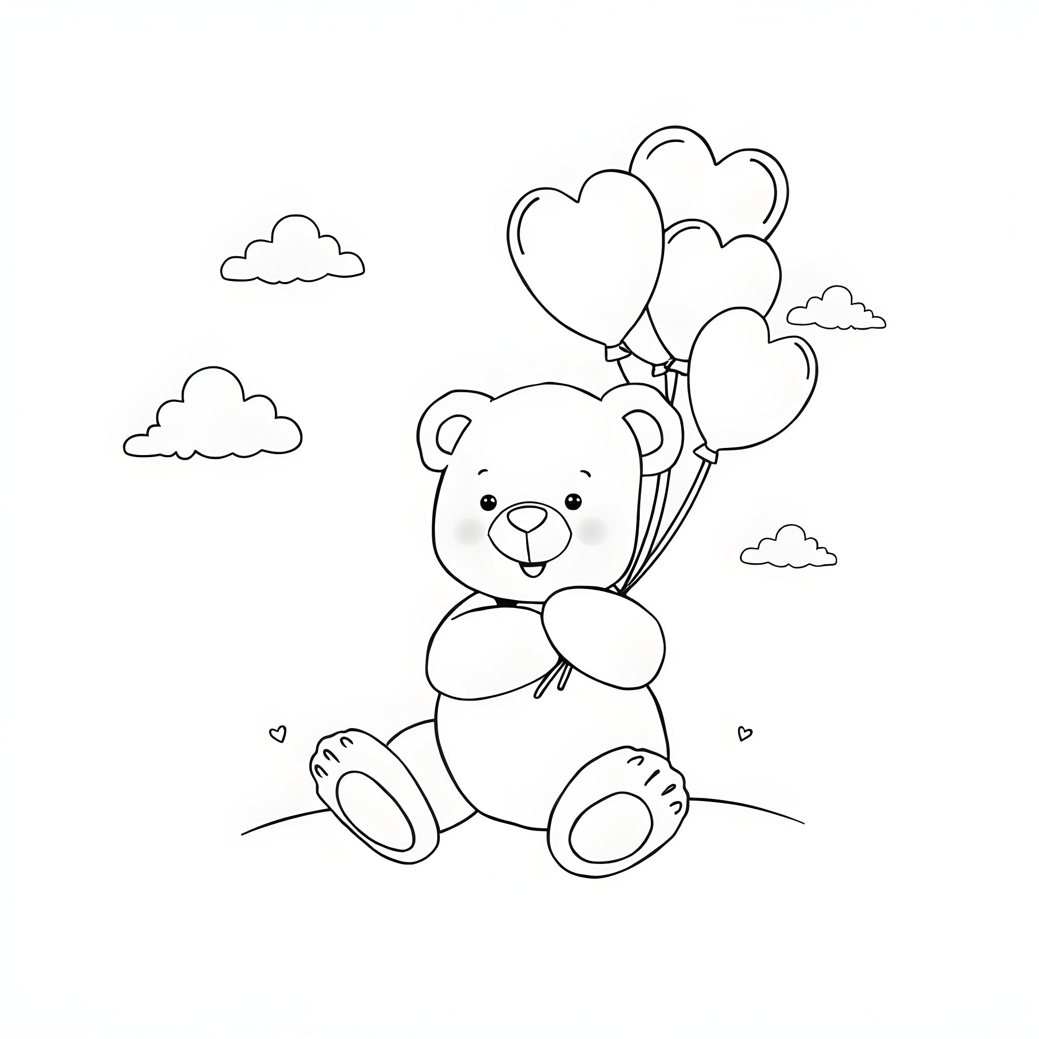 Teddy Bear holding heart-shaped balloons in the park Coloring Page (free black-and-white line drawing printable PDF for all, from beginners to advanced learners, including children, teens, adults, and seniors)