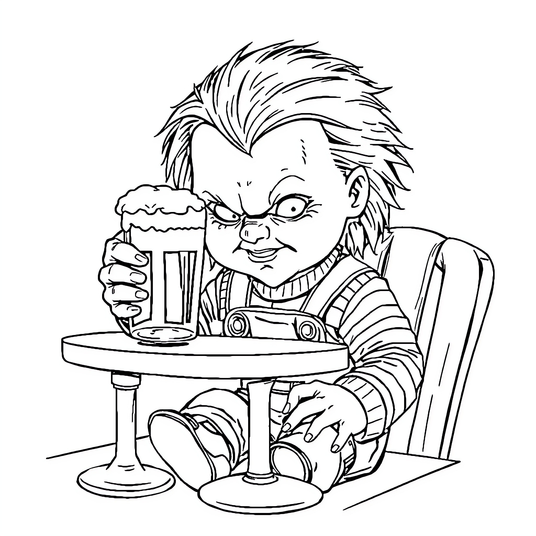 Chucky enjoying a cold beverage at the bar Coloring Page (free black-and-white line drawing printable PDF for all, from beginners to advanced learners, including children, teens, adults, and seniors)