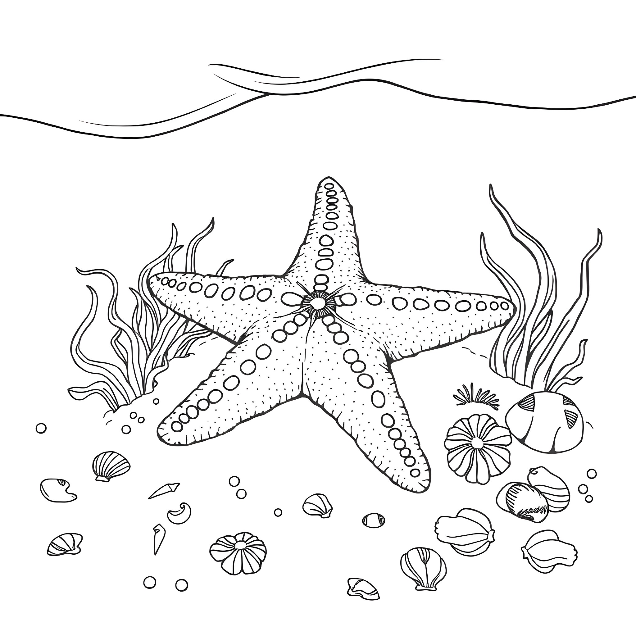 Starfish among seashells and underwater plants Coloring Page (free black-and-white line drawing printable PDF for all, from beginners to advanced learners, including children, teens, adults, and seniors)