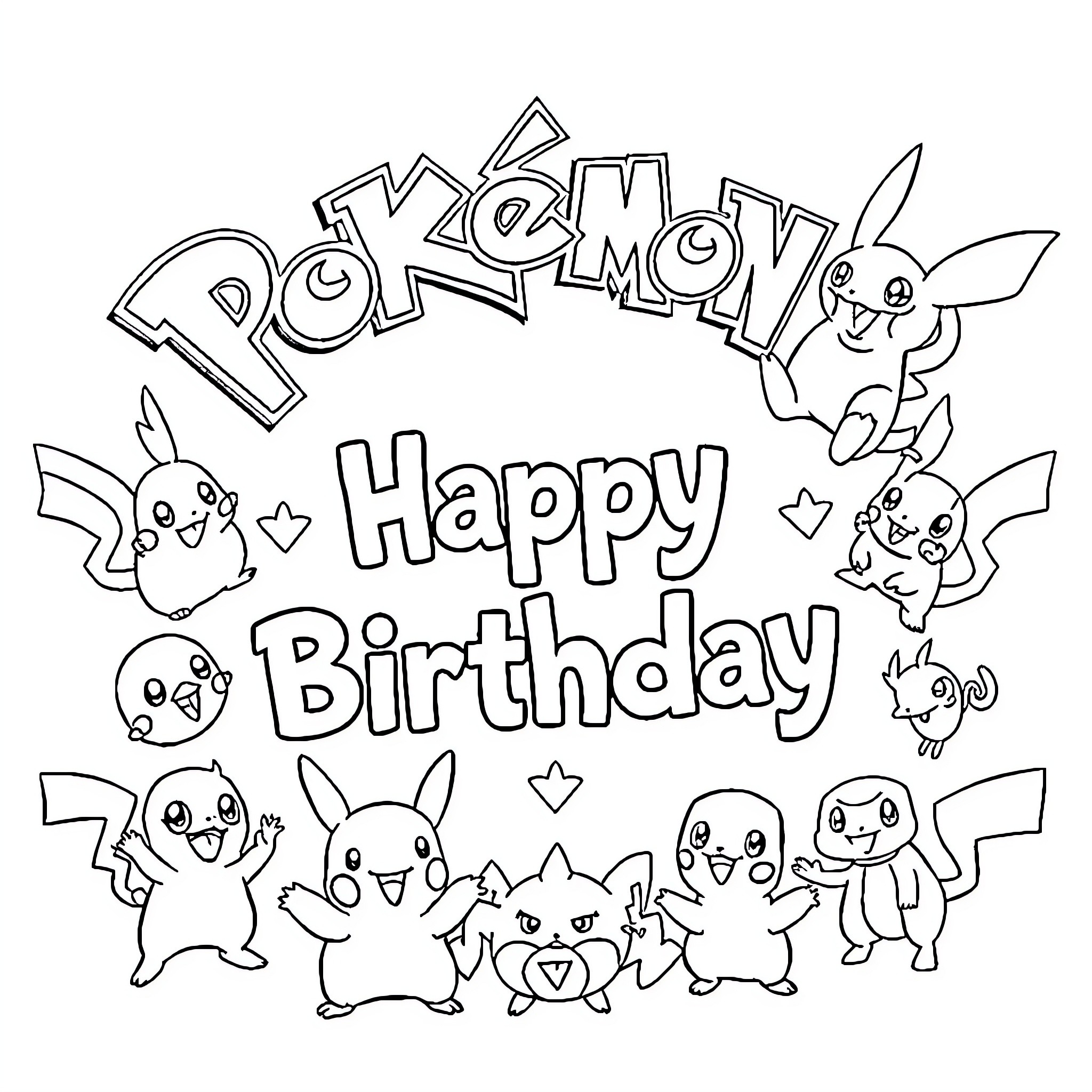 Pokémon characters celebrating a happy birthday Coloring Page (free black-and-white line drawing printable PDF for all, from beginners to advanced learners, including children, teens, adults, and seniors)