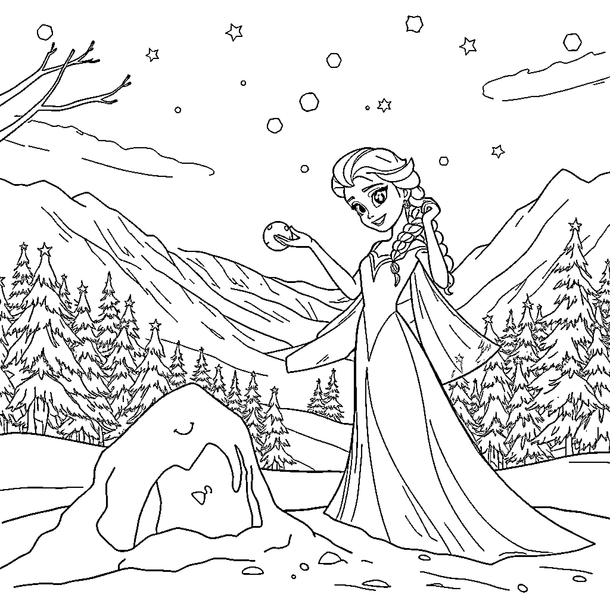 Elsa exploring the snowy mountain landscape Coloring Page (free black-and-white line drawing printable PDF for all, from beginners to advanced learners, including children, teens, adults, and seniors)