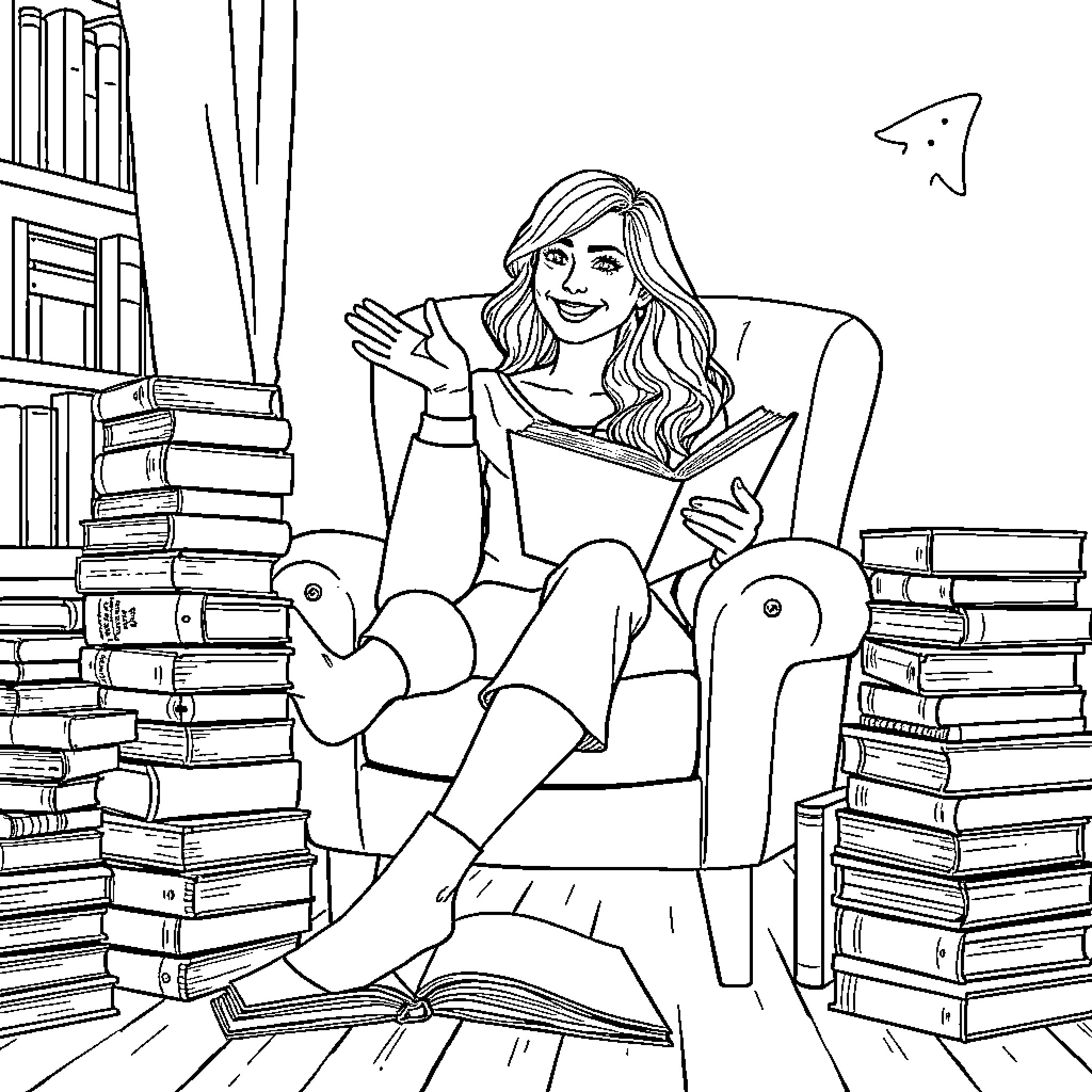 Woman relaxing and reading books in library Coloring Page (free black-and-white line drawing printable PDF for all, from beginners to advanced learners, including children, teens, adults, and seniors)