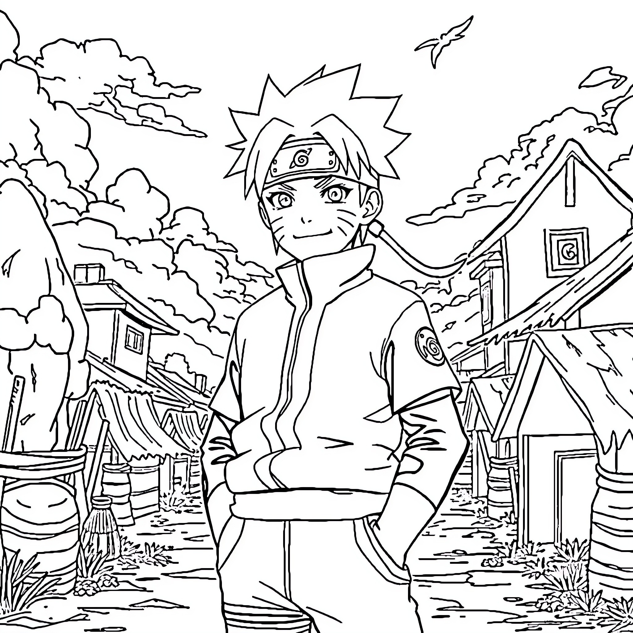 Naruto in an animated village scene Coloring Page (free black-and-white line drawing printable PDF for all, from beginners to advanced learners, including children, teens, adults, and seniors)