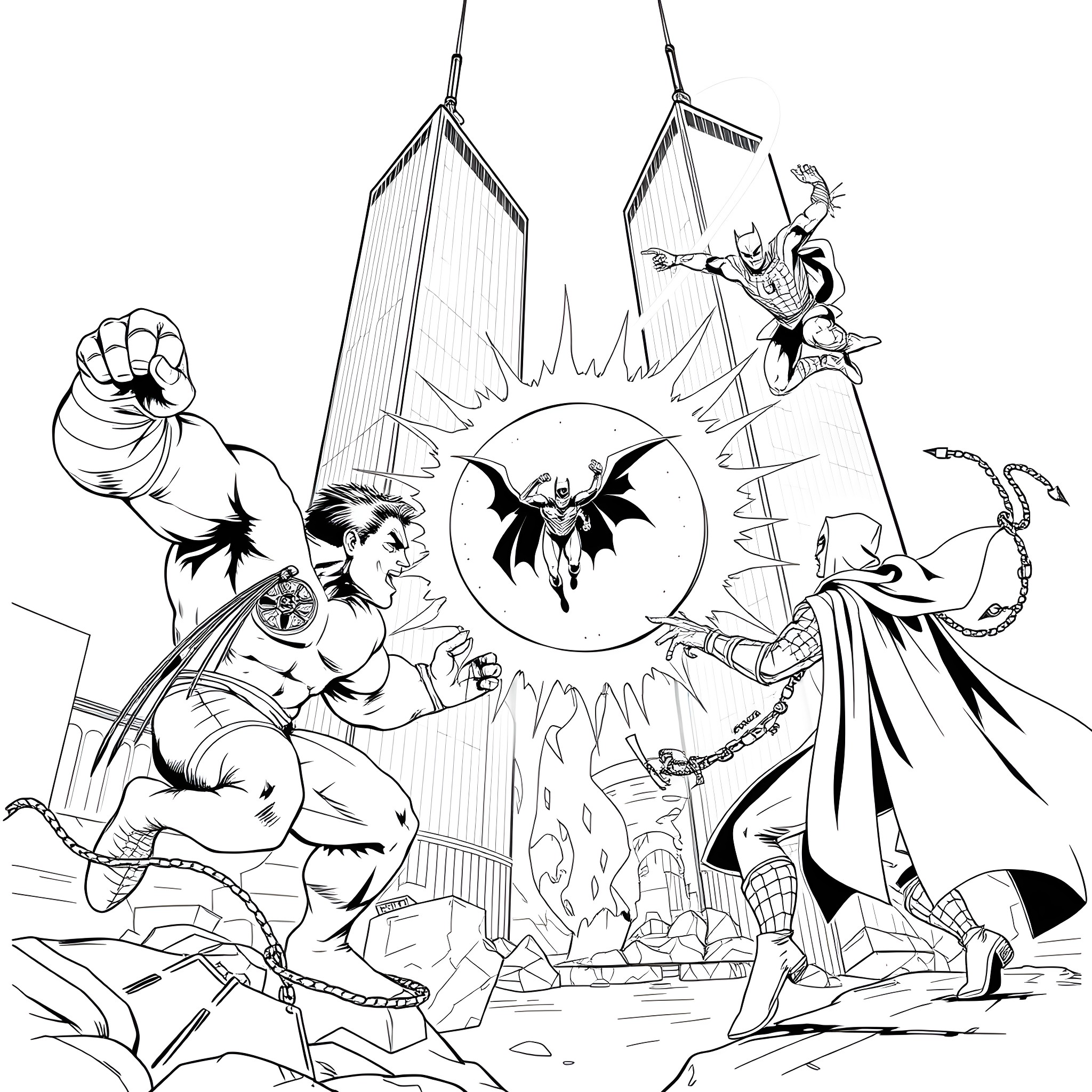 Hulk and Superheroes Battling Villains in the City Coloring Page (free black-and-white line drawing printable PDF for all, from beginners to advanced learners, including children, teens, adults, and seniors)