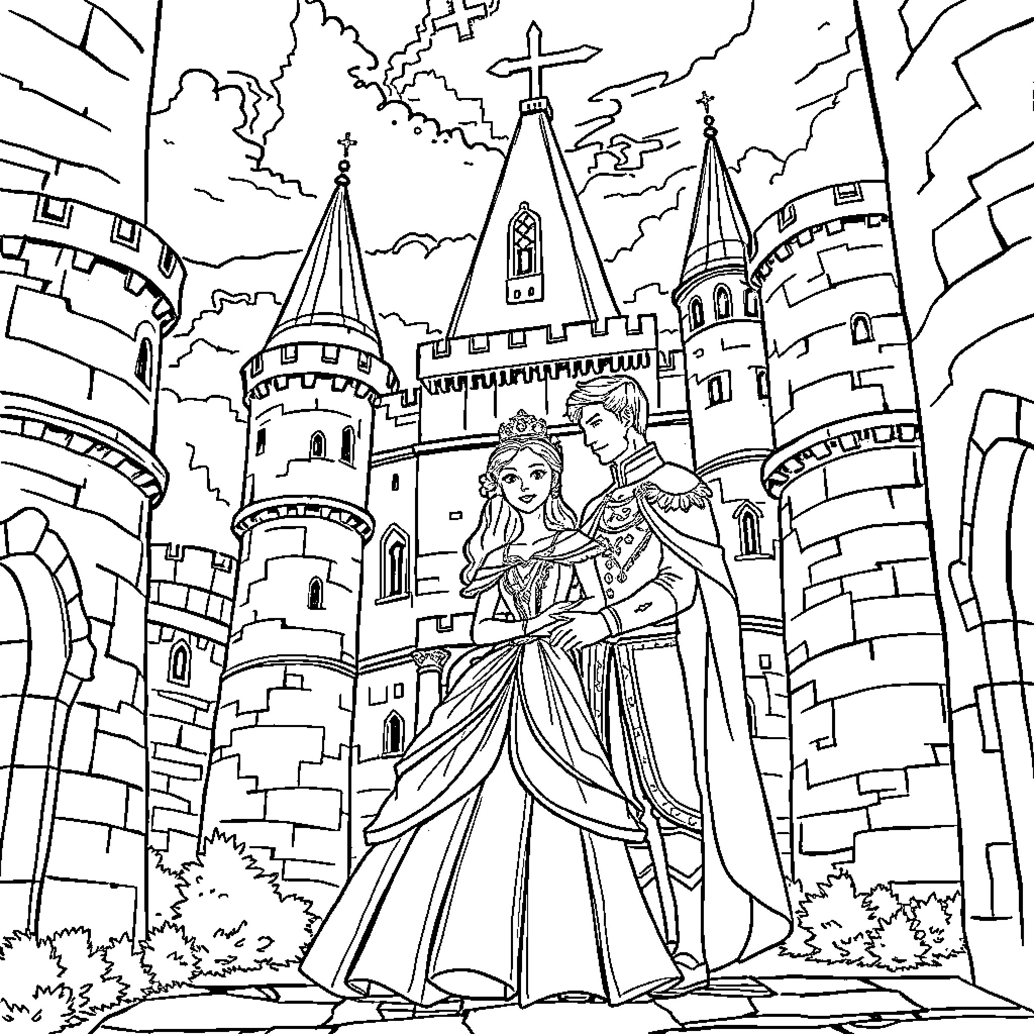 Princess in a Majestic Castle with Her Prince Coloring Page (free black-and-white line drawing printable PDF for all, from beginners to advanced learners, including children, teens, adults, and seniors)
