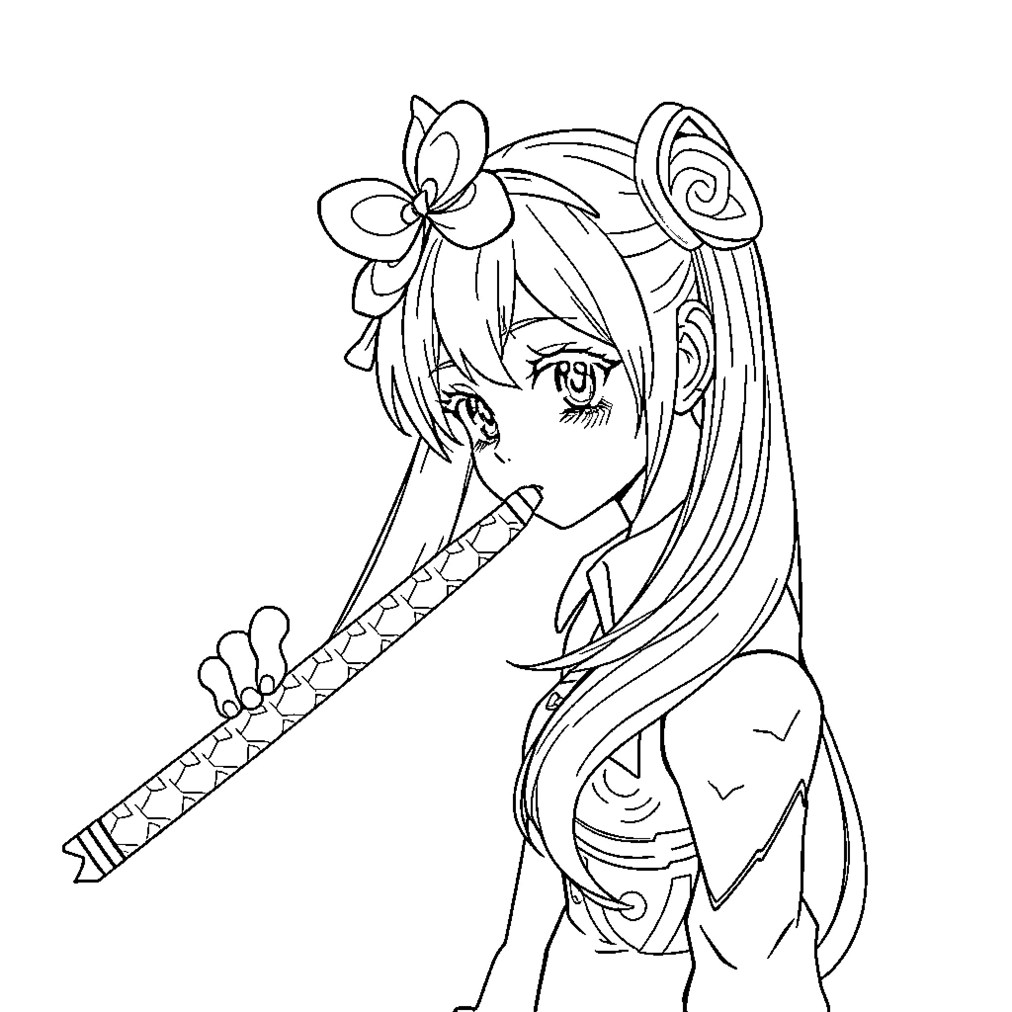 Hatsune Miku in elegant anime-style attire Coloring Page (free black-and-white line drawing printable PDF for all, from beginners to advanced learners, including children, teens, adults, and seniors)