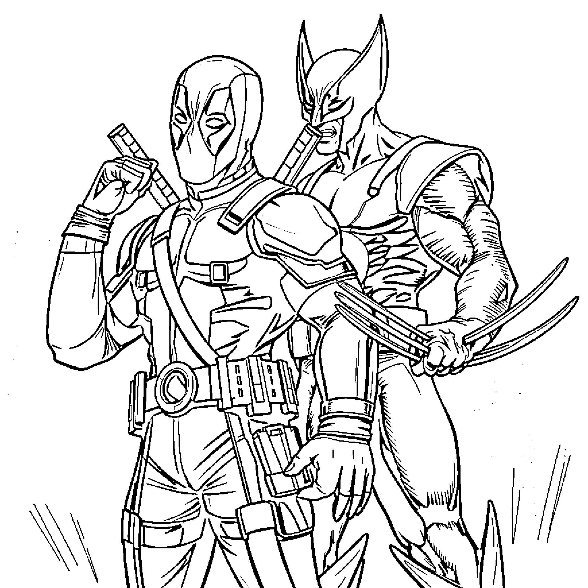Deadpool and Batman Confronting Adversaries Coloring Page (free black-and-white line drawing printable PDF for all, from beginners to advanced learners, including children, teens, adults, and seniors)