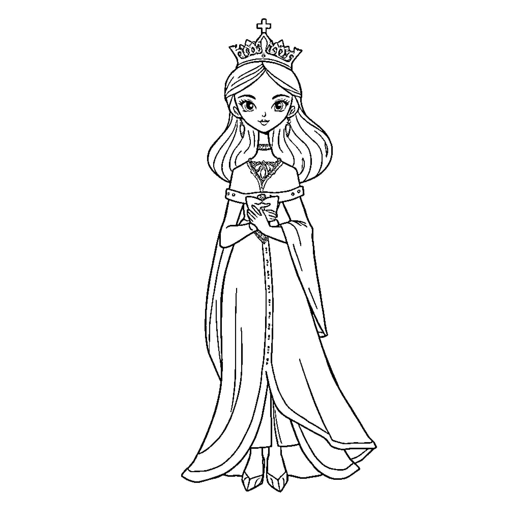 Princess in Elegant Gown and Crown Coloring Page (free black-and-white line drawing printable PDF for all, from beginners to advanced learners, including children, teens, adults, and seniors)