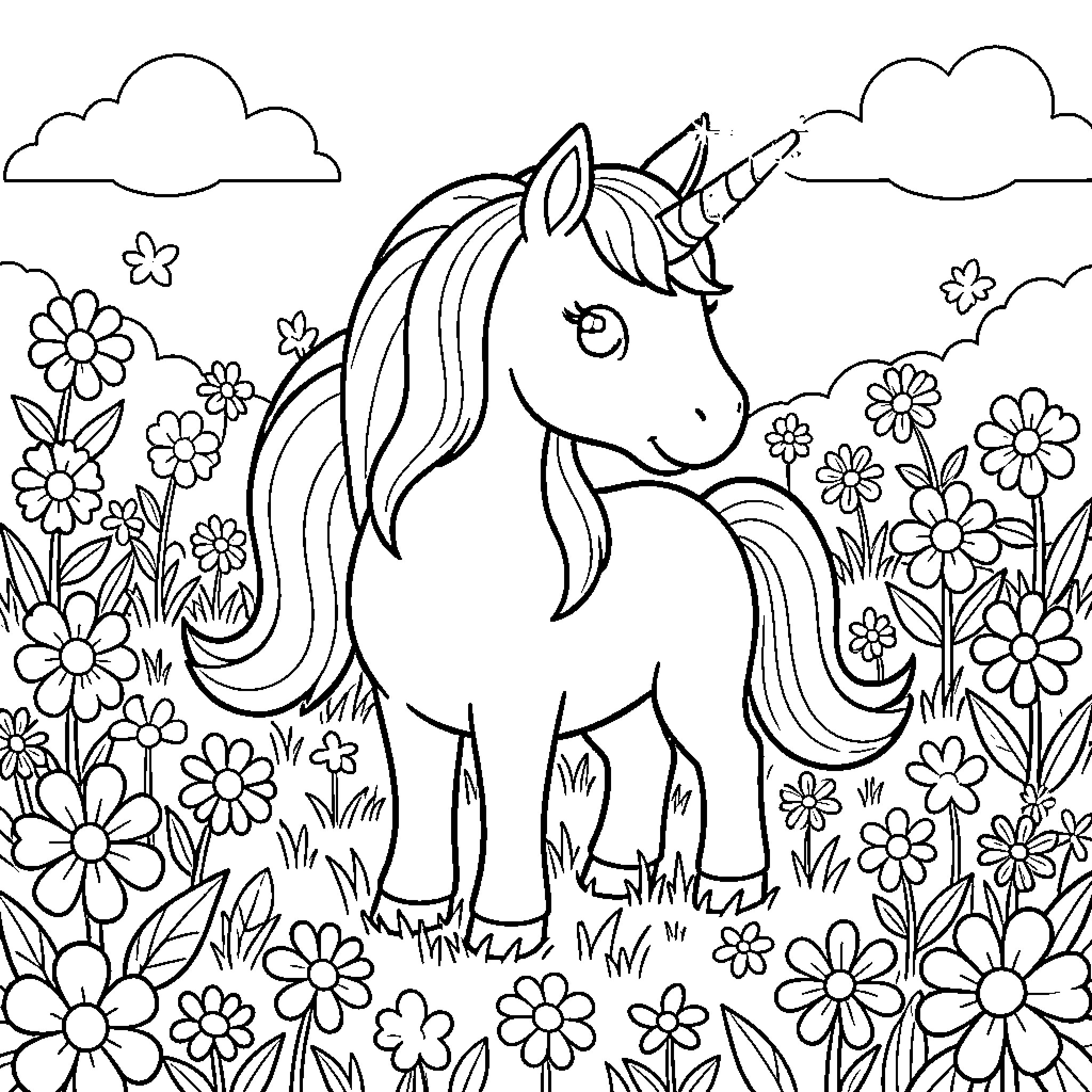 Unicorn frolicking amidst a field of flowers Coloring Page (free black-and-white line drawing printable PDF for all, from beginners to advanced learners, including children, teens, adults, and seniors)