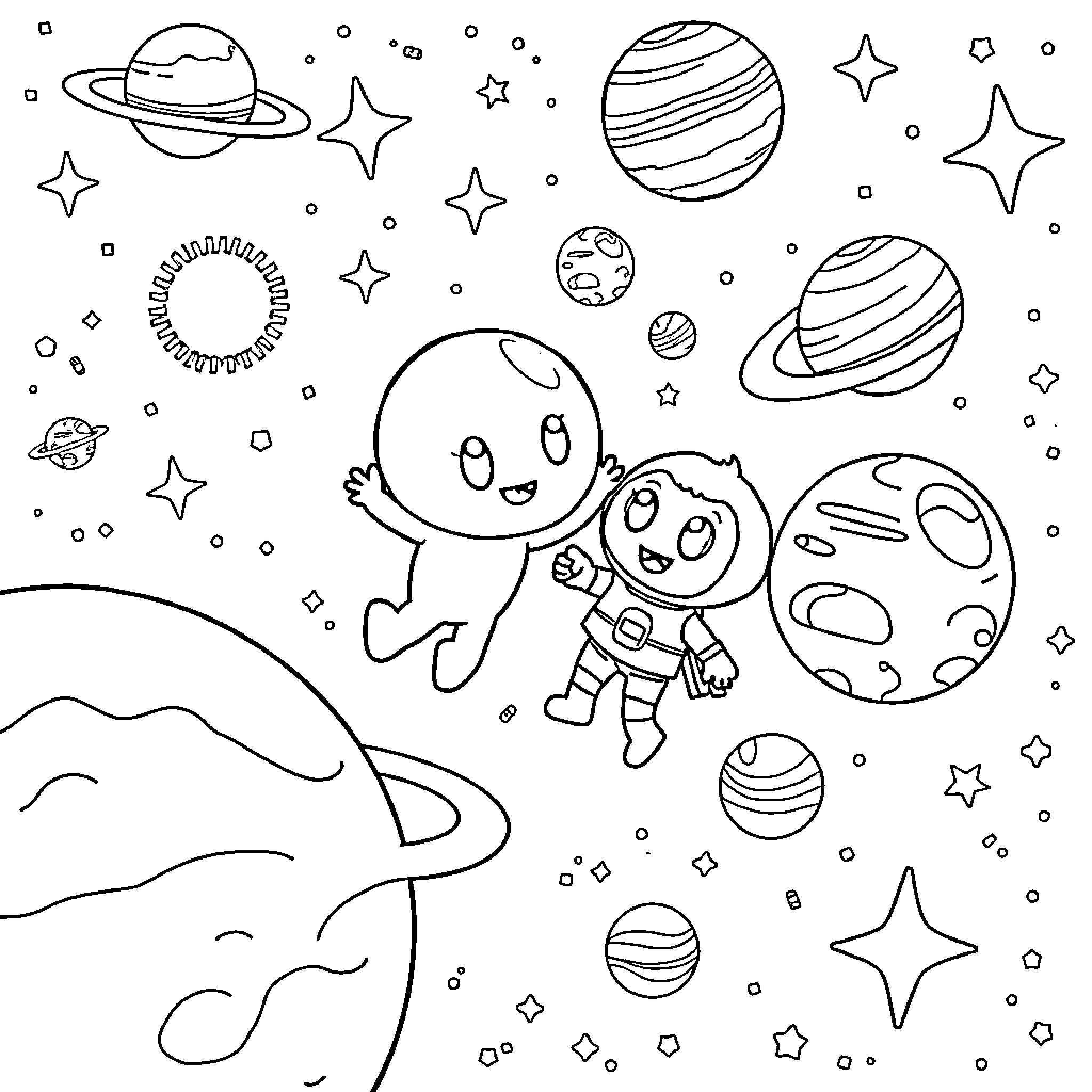 Bluey and friends explore the cosmic playground Coloring Page (free black-and-white line drawing printable PDF for all, from beginners to advanced learners, including children, teens, adults, and seniors)