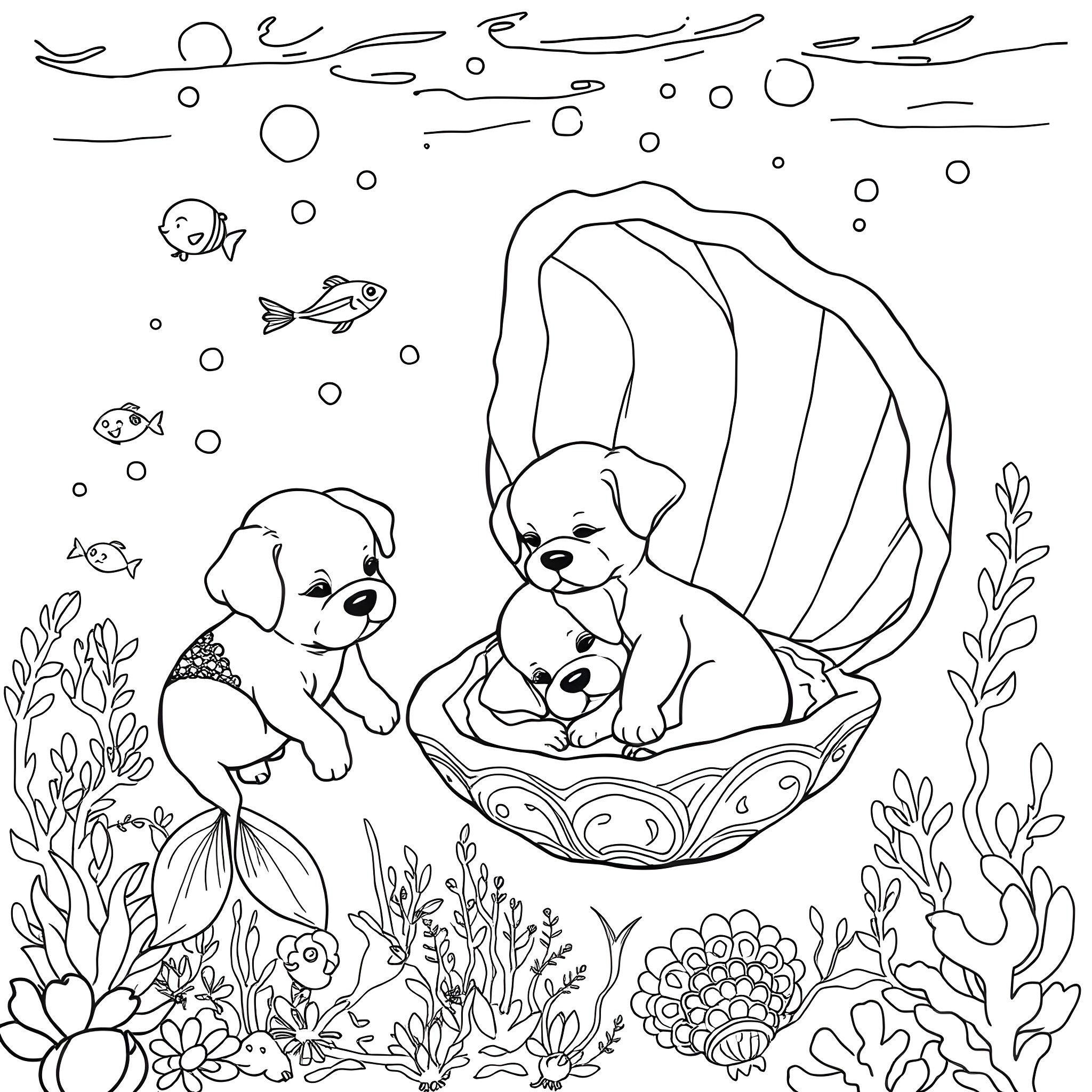 Mermaid Puppies Exploring the Underwater World Coloring Page (free black-and-white line drawing printable PDF for all, from beginners to advanced learners, including children, teens, adults, and seniors)