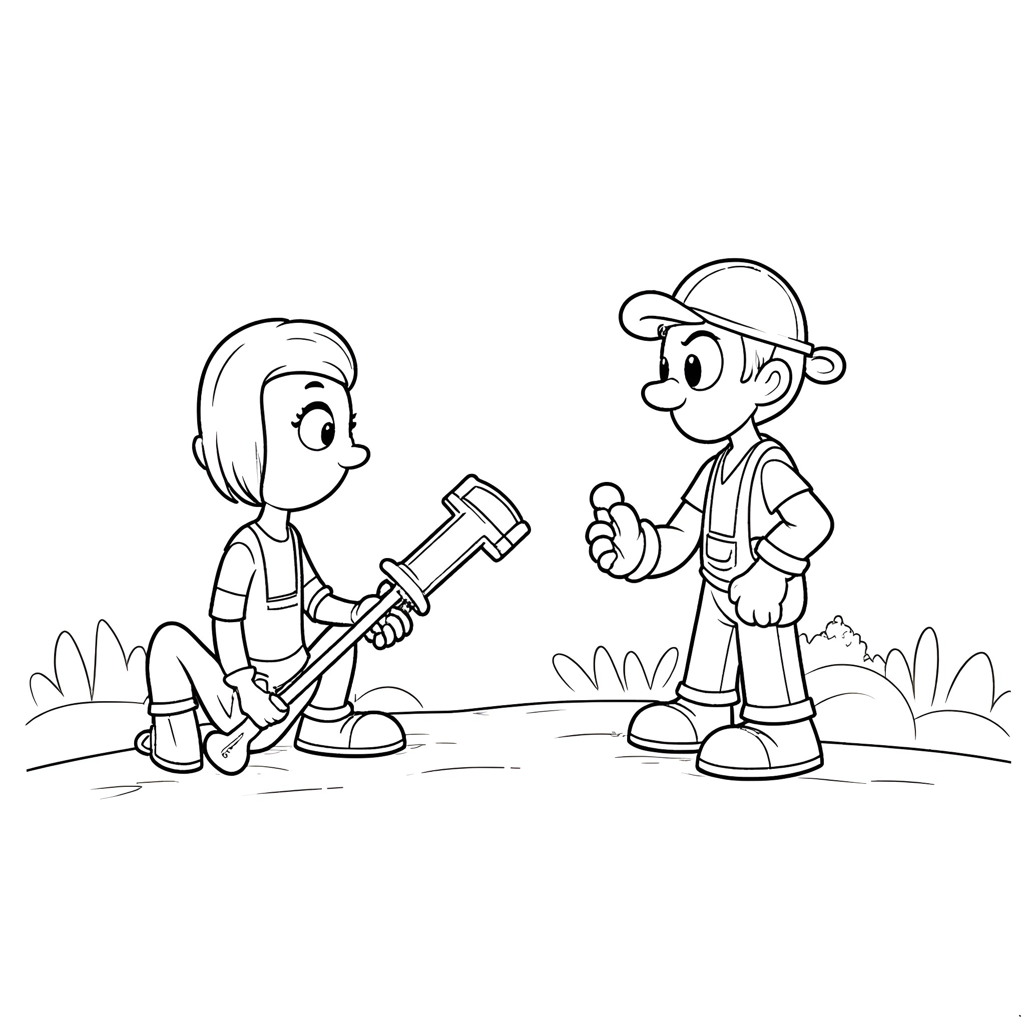 Game of two workers with tools in the garden Coloring Page (free black-and-white line drawing printable PDF for all, from beginners to advanced learners, including children, teens, adults, and seniors)