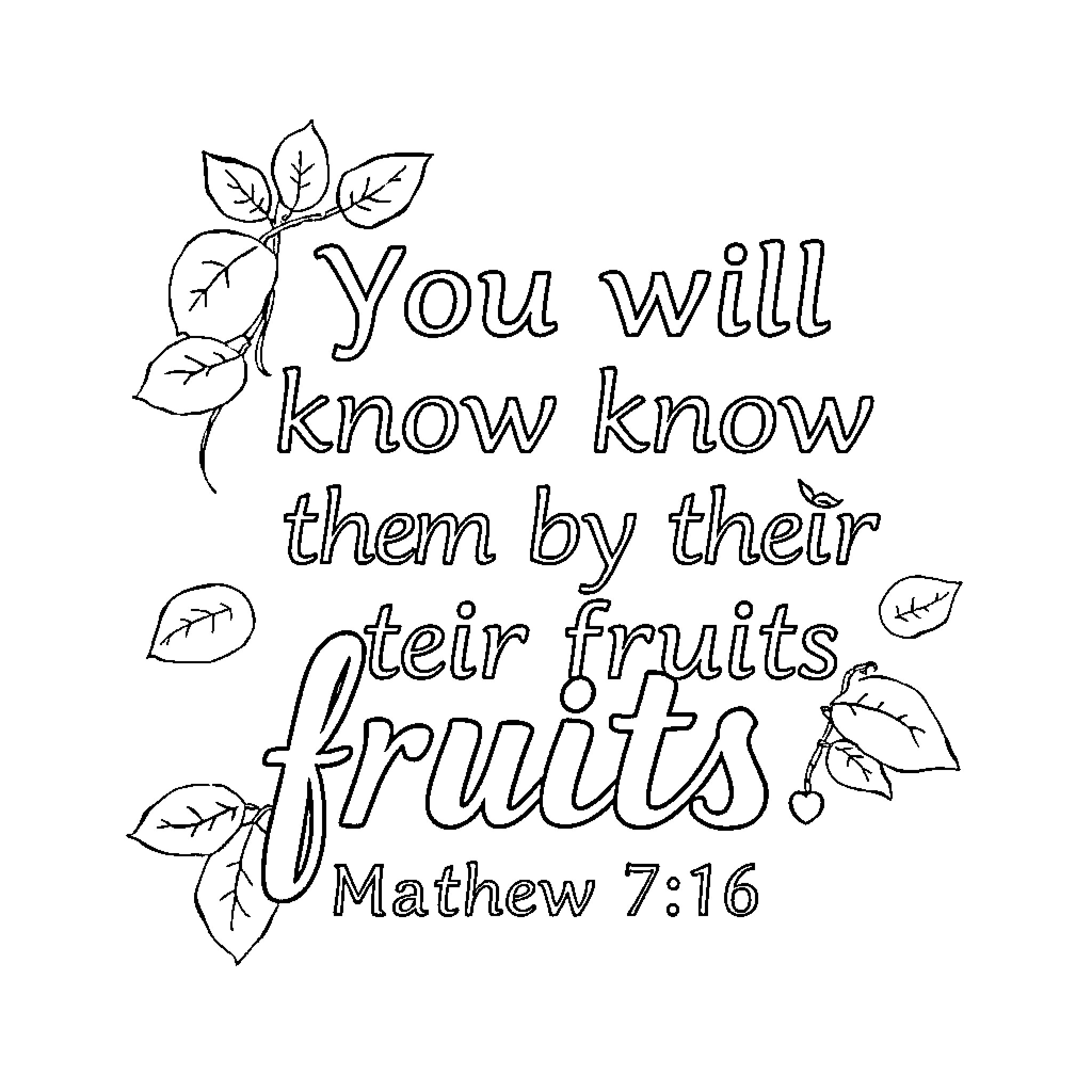 Fruit-Inspired Verse with Leaves and Scripture Coloring Page (free black-and-white line drawing printable PDF for all, from beginners to advanced learners, including children, teens, adults, and seniors)