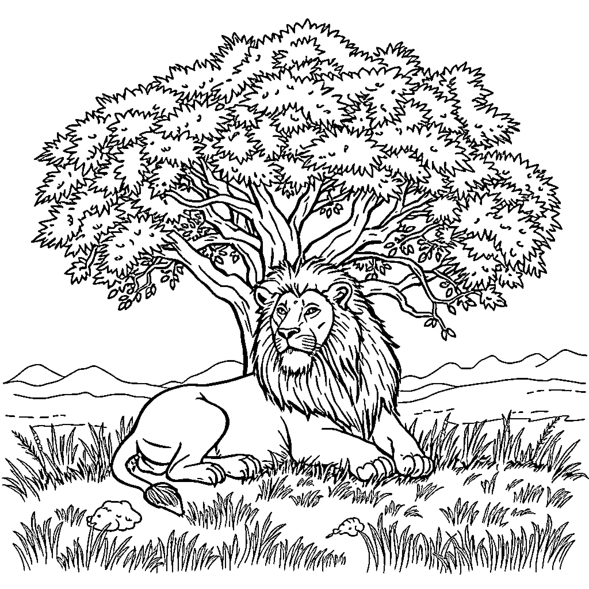 Lion resting under the tree in the grassland Coloring Page (free black-and-white line drawing printable PDF for all, from beginners to advanced learners, including children, teens, adults, and seniors)