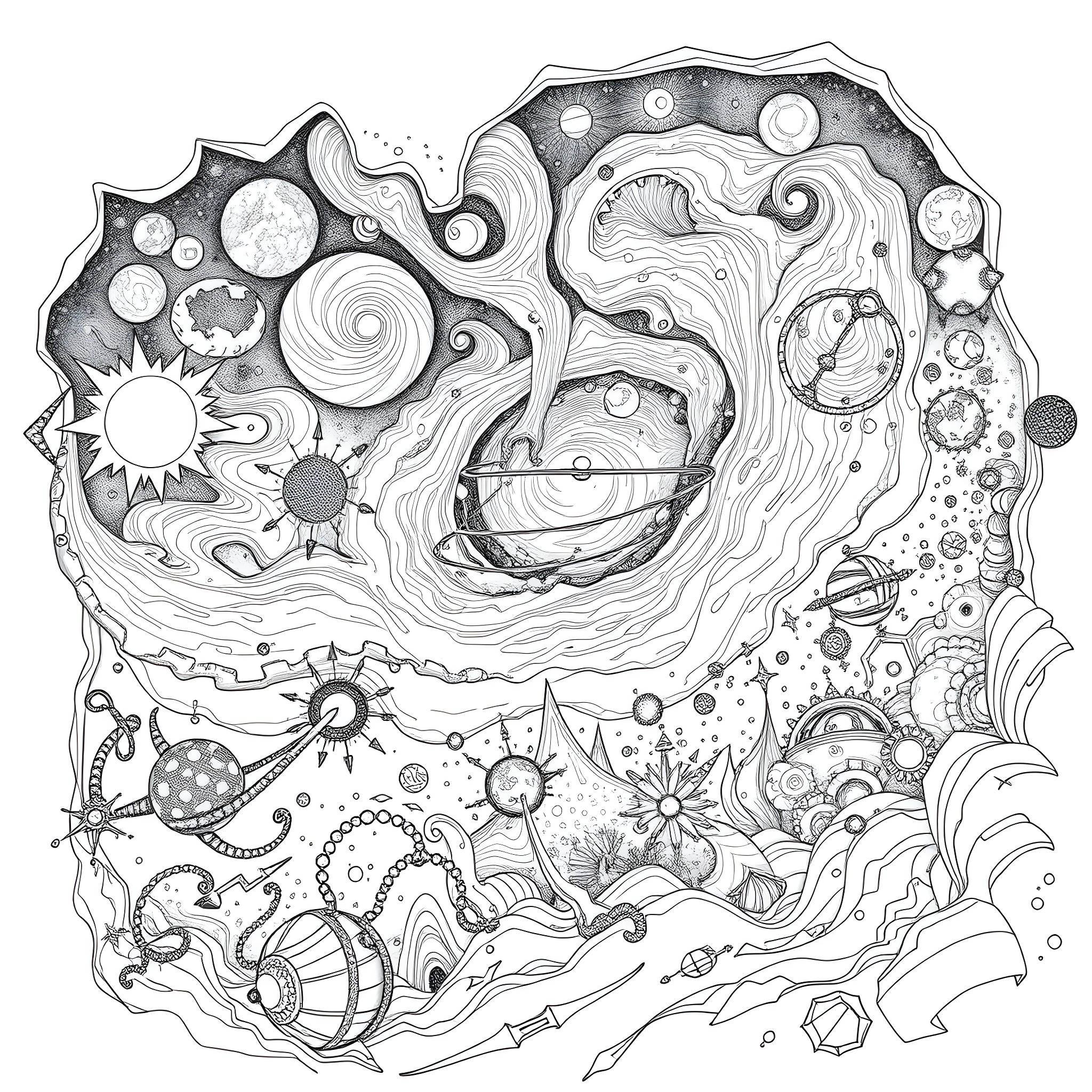 Space Exploration and Cosmic Adventure Coloring Page (free black-and-white line drawing printable PDF for all, from beginners to advanced learners, including children, teens, adults, and seniors)