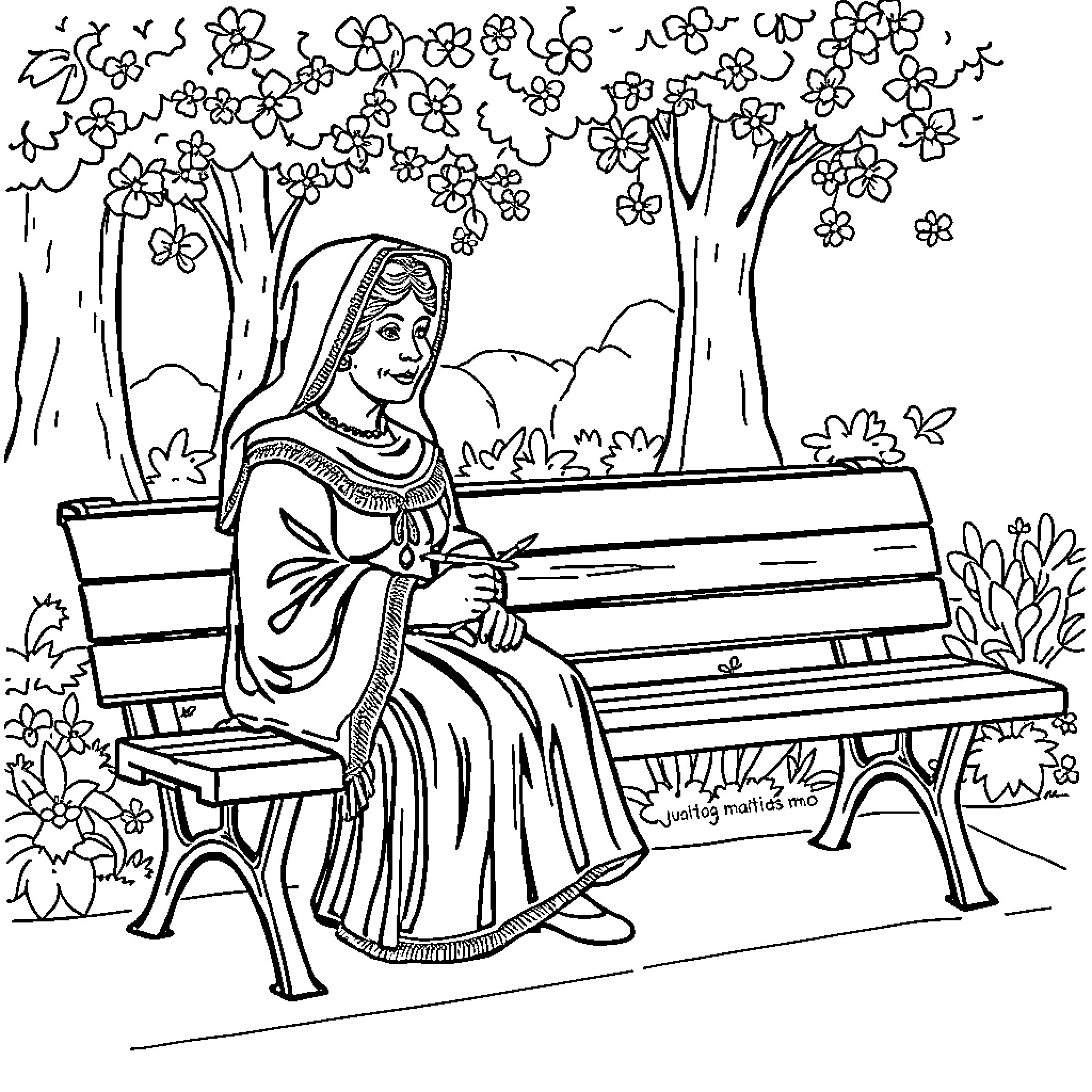 Woman sitting calmly on a bench in a floral garden Coloring Page (free black-and-white line drawing printable PDF for all, from beginners to advanced learners, including children, teens, adults, and seniors)