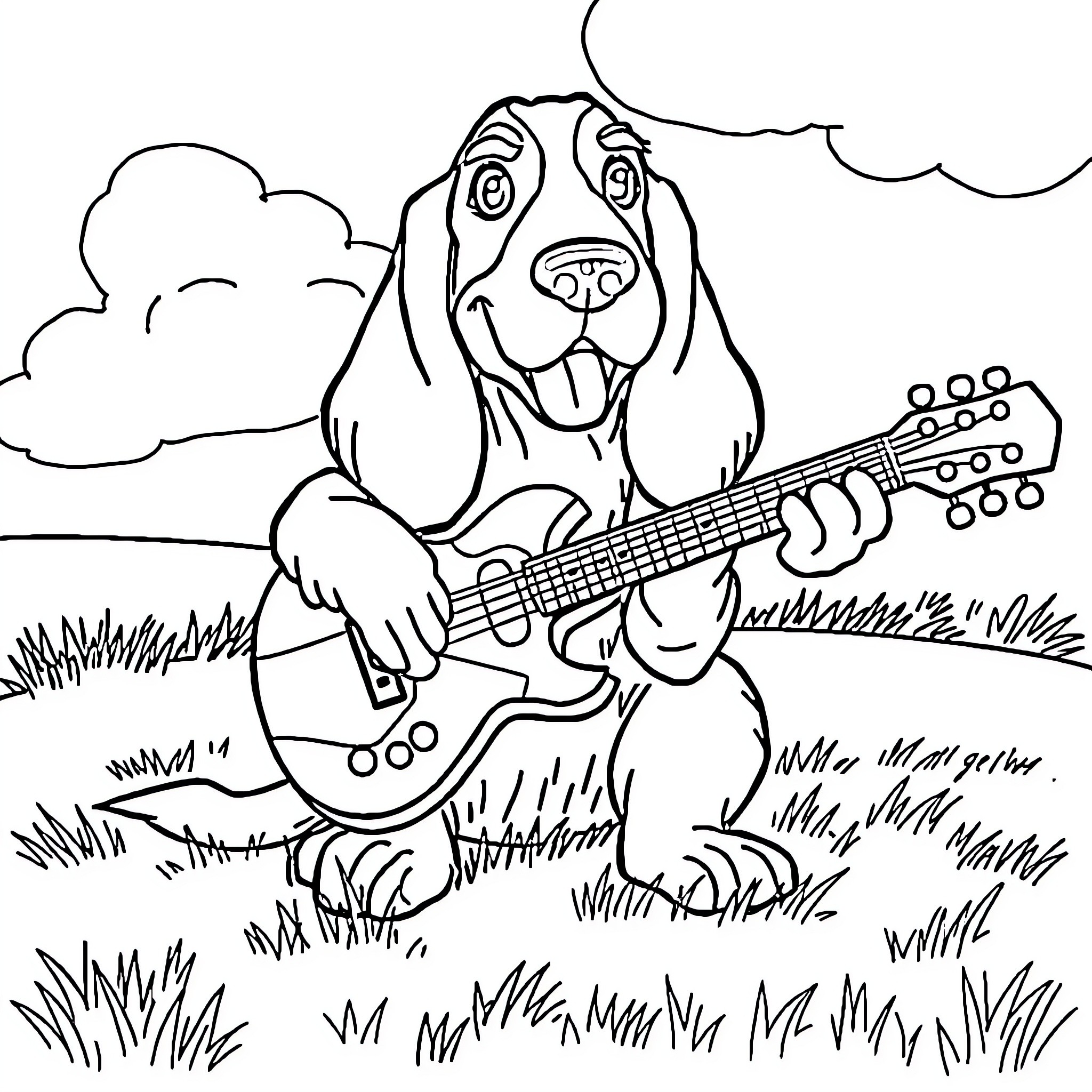 Bassett Hound playing guitar outdoors Coloring Page (free black-and-white line drawing printable PDF for all, from beginners to advanced learners, including children, teens, adults, and seniors)