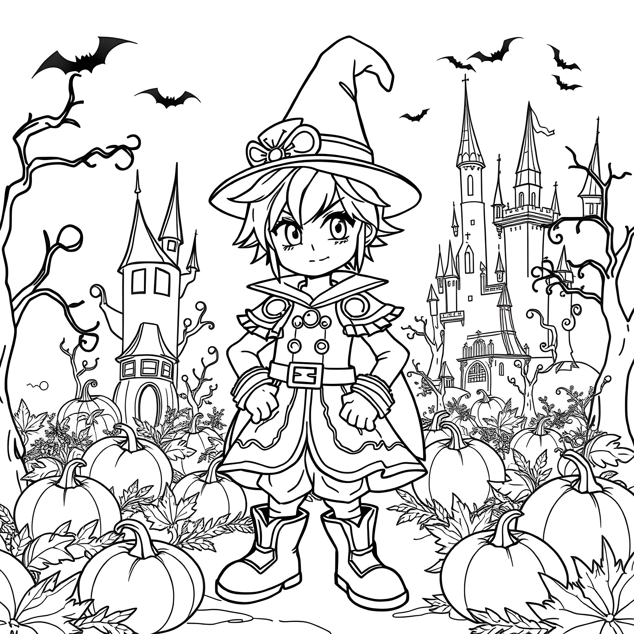 Sora's Halloween Adventure in the Spooky Castle Coloring Page (free black-and-white line drawing printable PDF for all, from beginners to advanced learners, including children, teens, adults, and seniors)