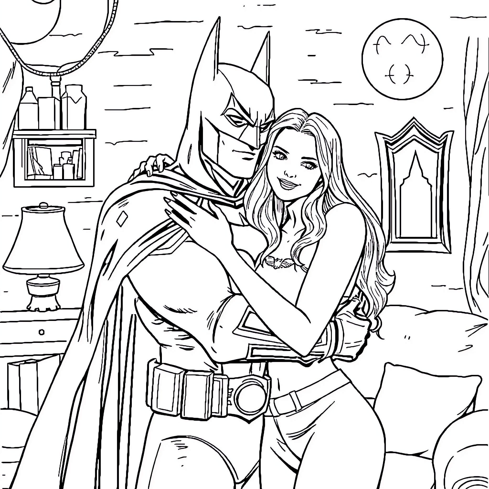 Buffy and the Dark Knight in a Tender Embrace Coloring Page (free black-and-white line drawing printable PDF for all, from beginners to advanced learners, including children, teens, adults, and seniors)