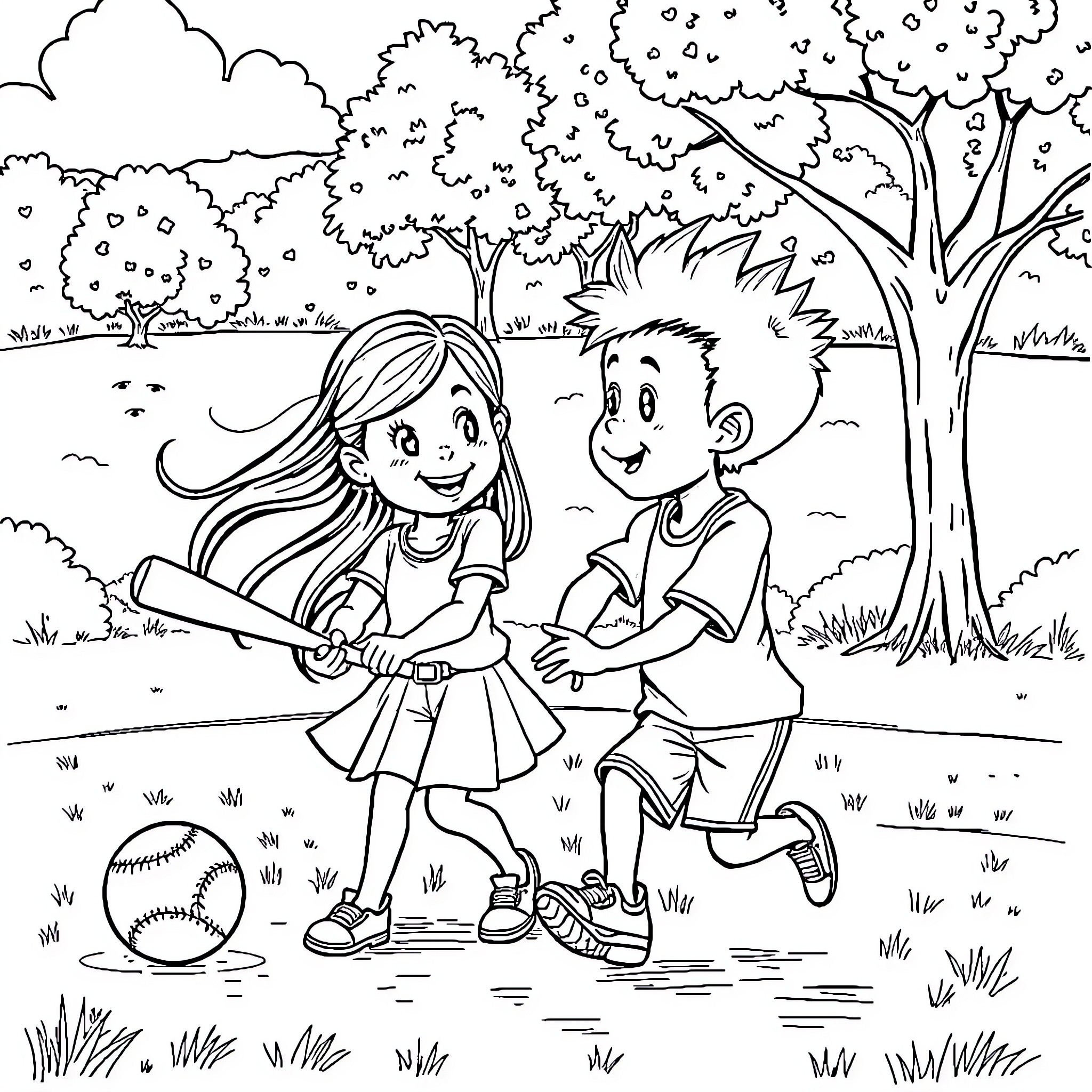 Twin Children Playing Joyfully in the Park Coloring Page (free black-and-white line drawing printable PDF for all, from beginners to advanced learners, including children, teens, adults, and seniors)