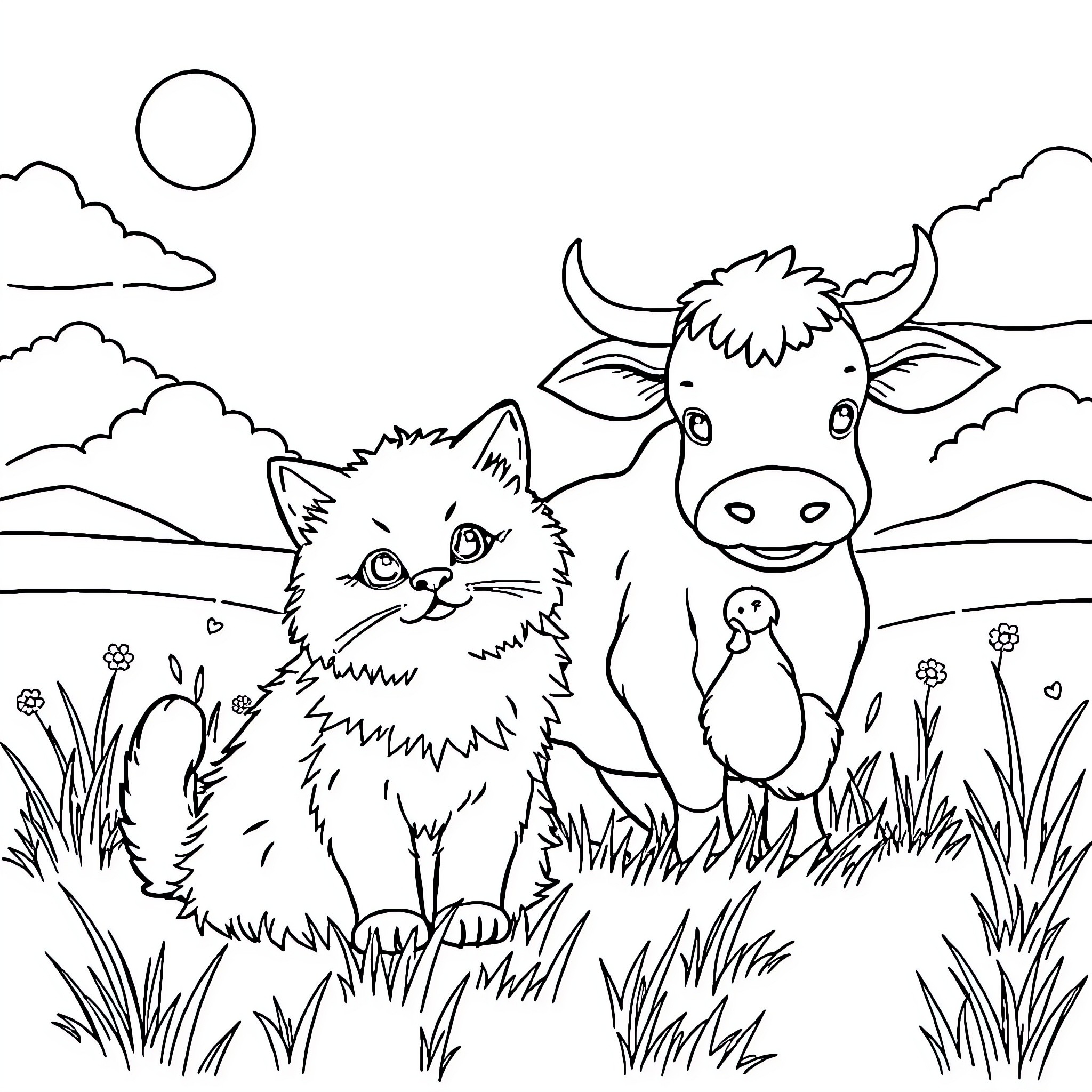 Cat and Cow Companions in the Countryside Coloring Page (free black-and-white line drawing printable PDF for all, from beginners to advanced learners, including children, teens, adults, and seniors)