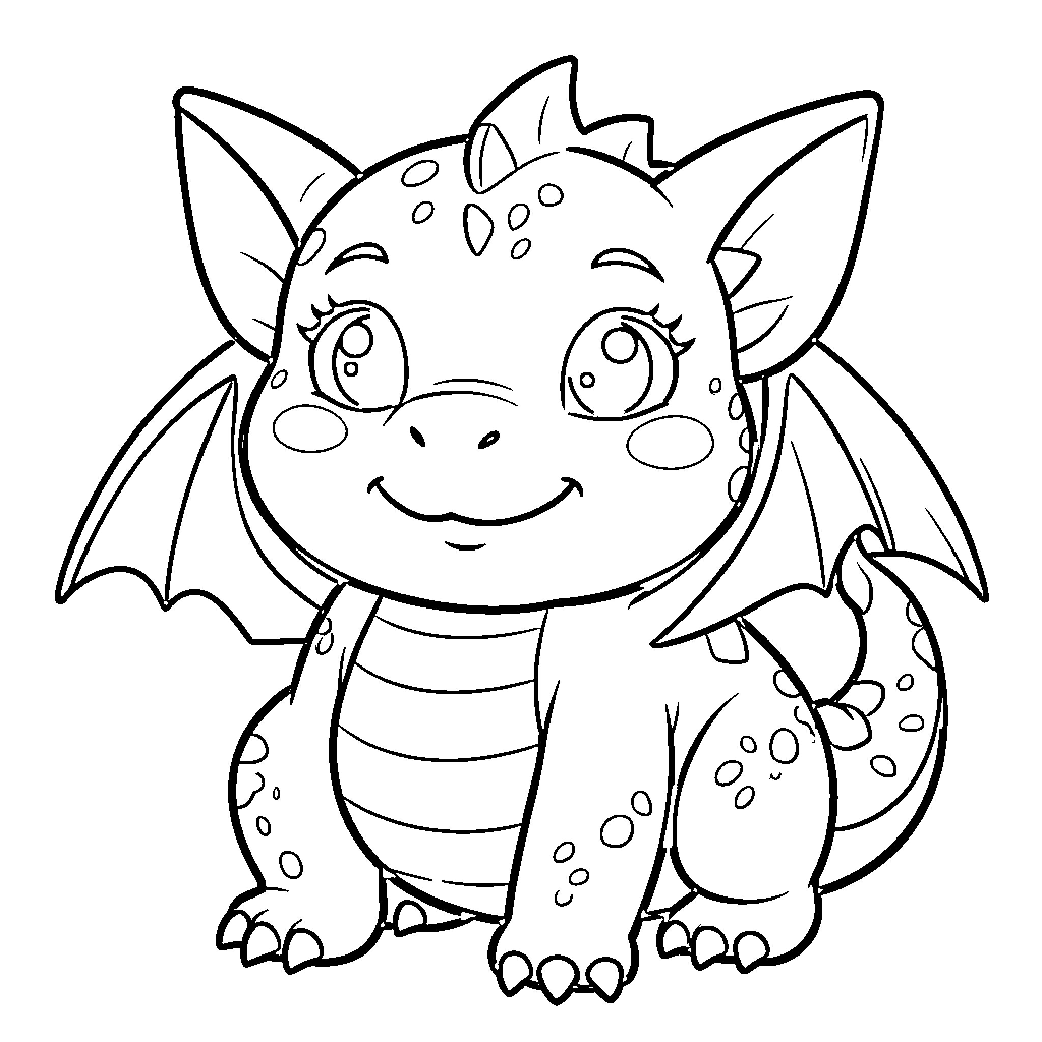 Dragon sitting with a happy and smiling expression Coloring Page (free black-and-white line drawing printable PDF for all, from beginners to advanced learners, including children, teens, adults, and seniors)