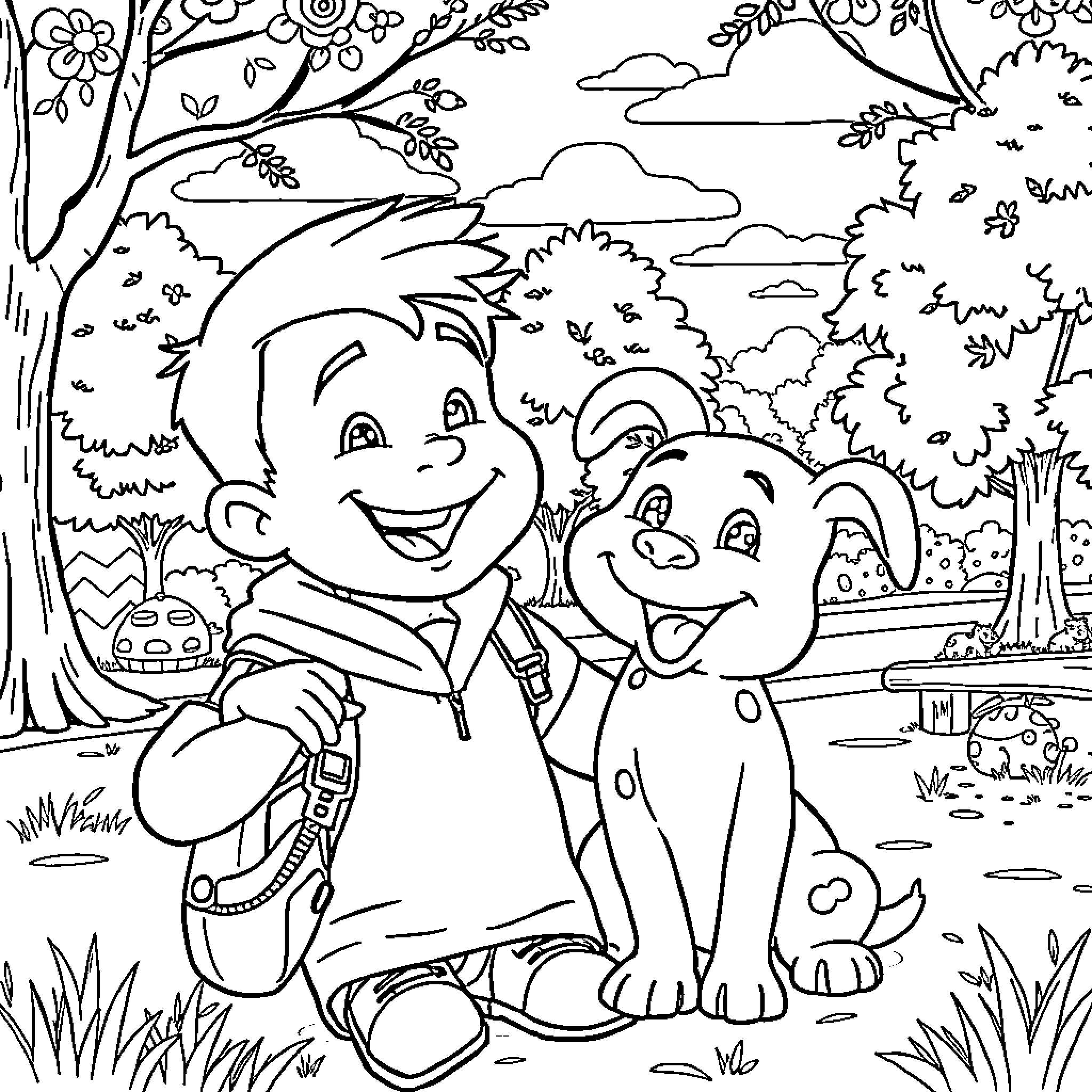 Johnson and his dog playing happily in the park Coloring Page (free black-and-white line drawing printable PDF for all, from beginners to advanced learners, including children, teens, adults, and seniors)