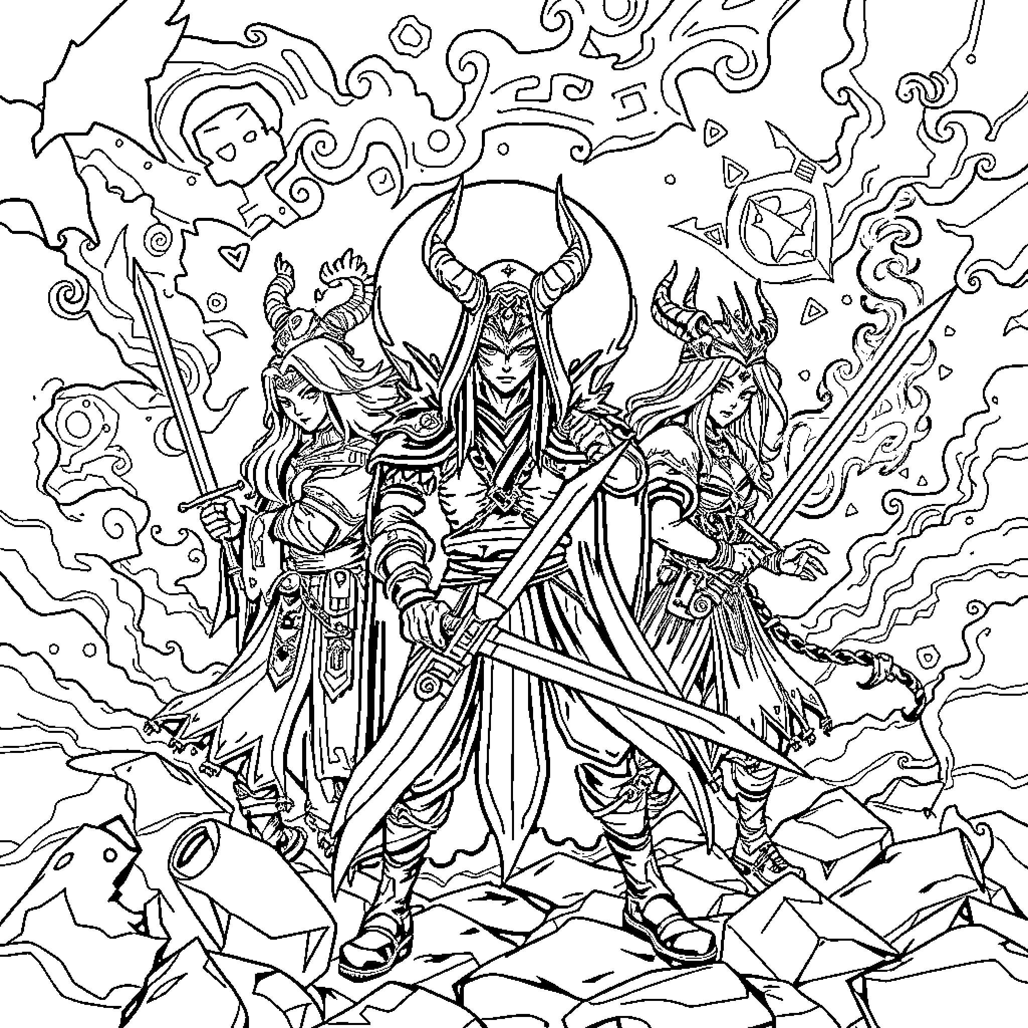 Demon Slayer: Powerful Characters in Epic Battle Coloring Page (free black-and-white line drawing printable PDF for all, from beginners to advanced learners, including children, teens, adults, and seniors)