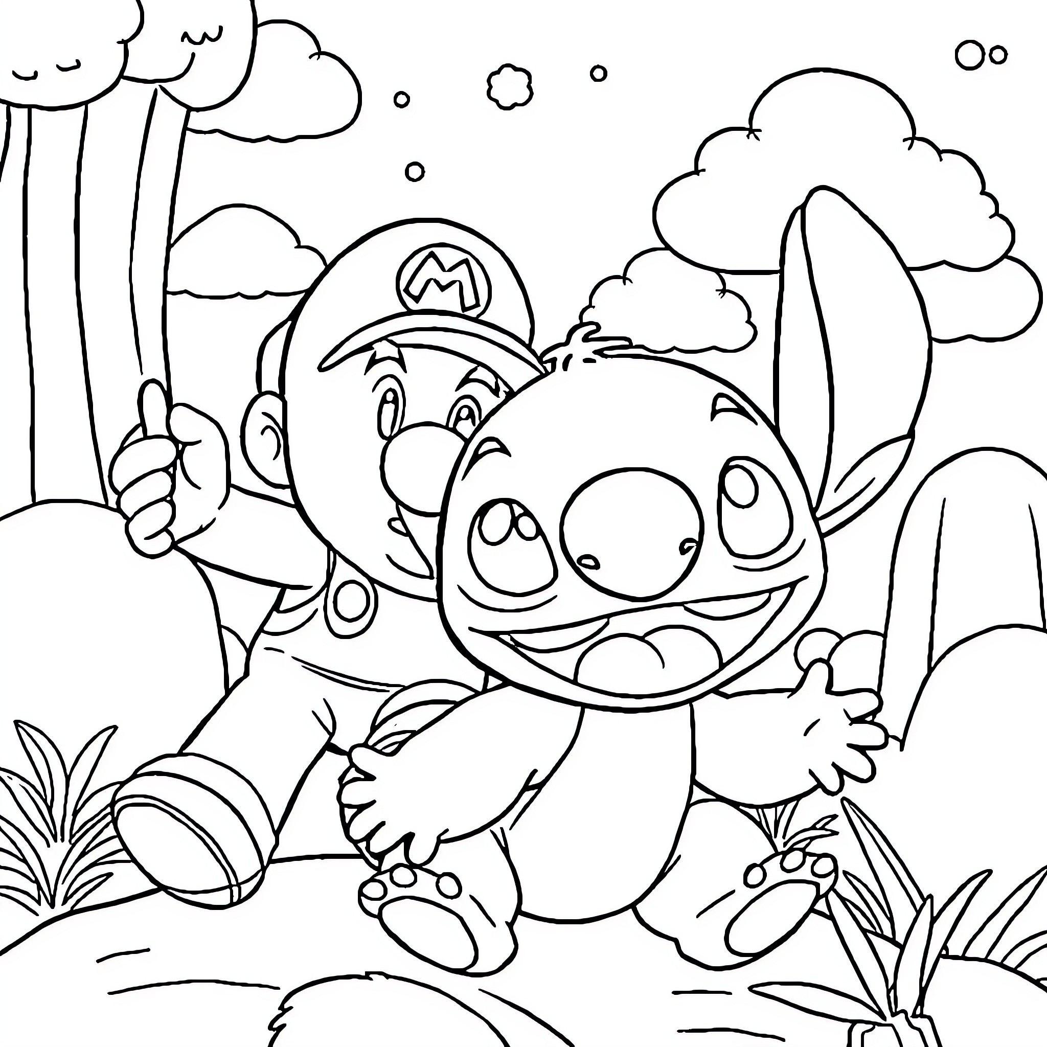 Stitch Embracing the Mushroom Kingdom Adventure Coloring Page (free black-and-white line drawing printable PDF for all, from beginners to advanced learners, including children, teens, adults, and seniors)