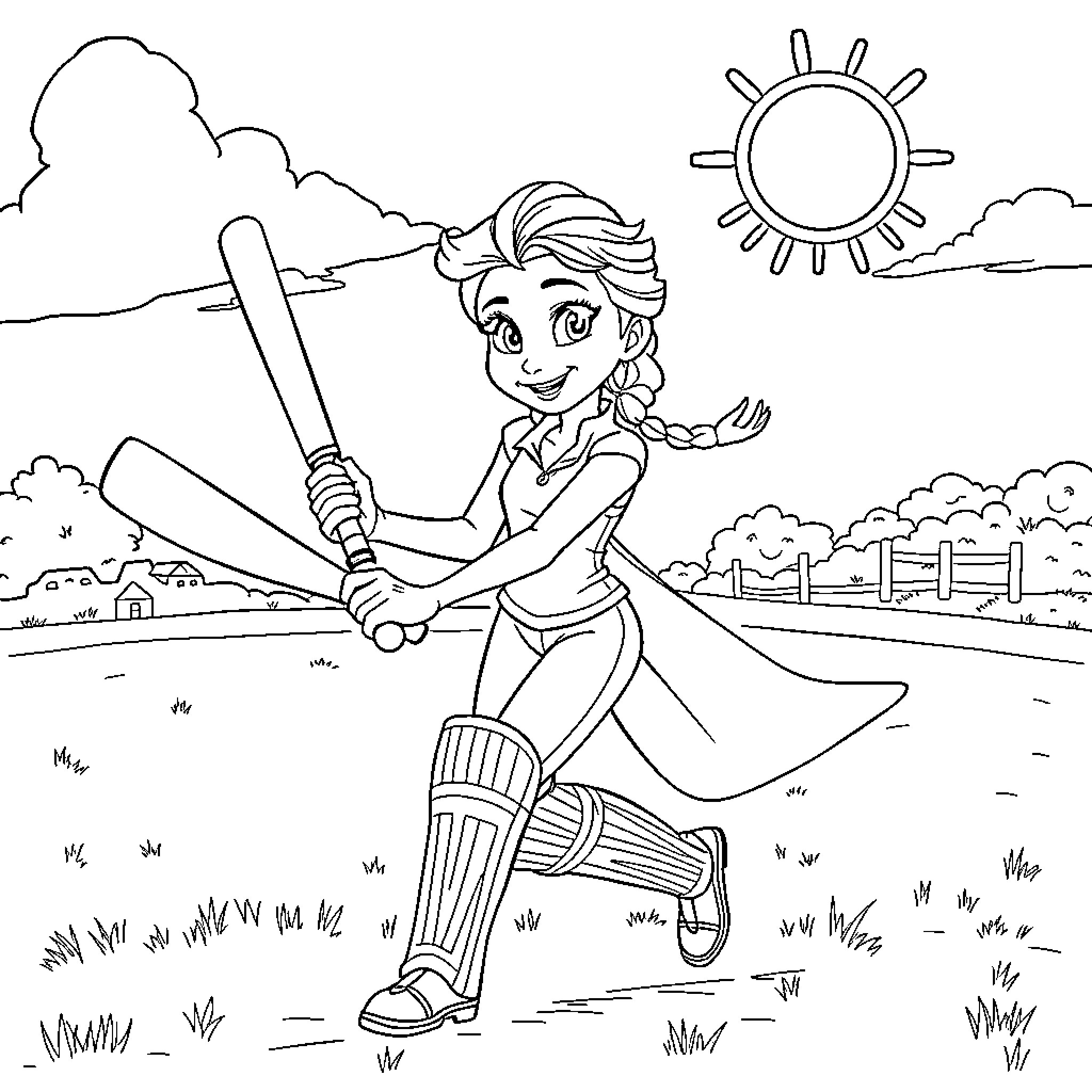 Elsa playing cricket in a sunny field Coloring Page (free black-and-white line drawing printable PDF for all, from beginners to advanced learners, including children, teens, adults, and seniors)